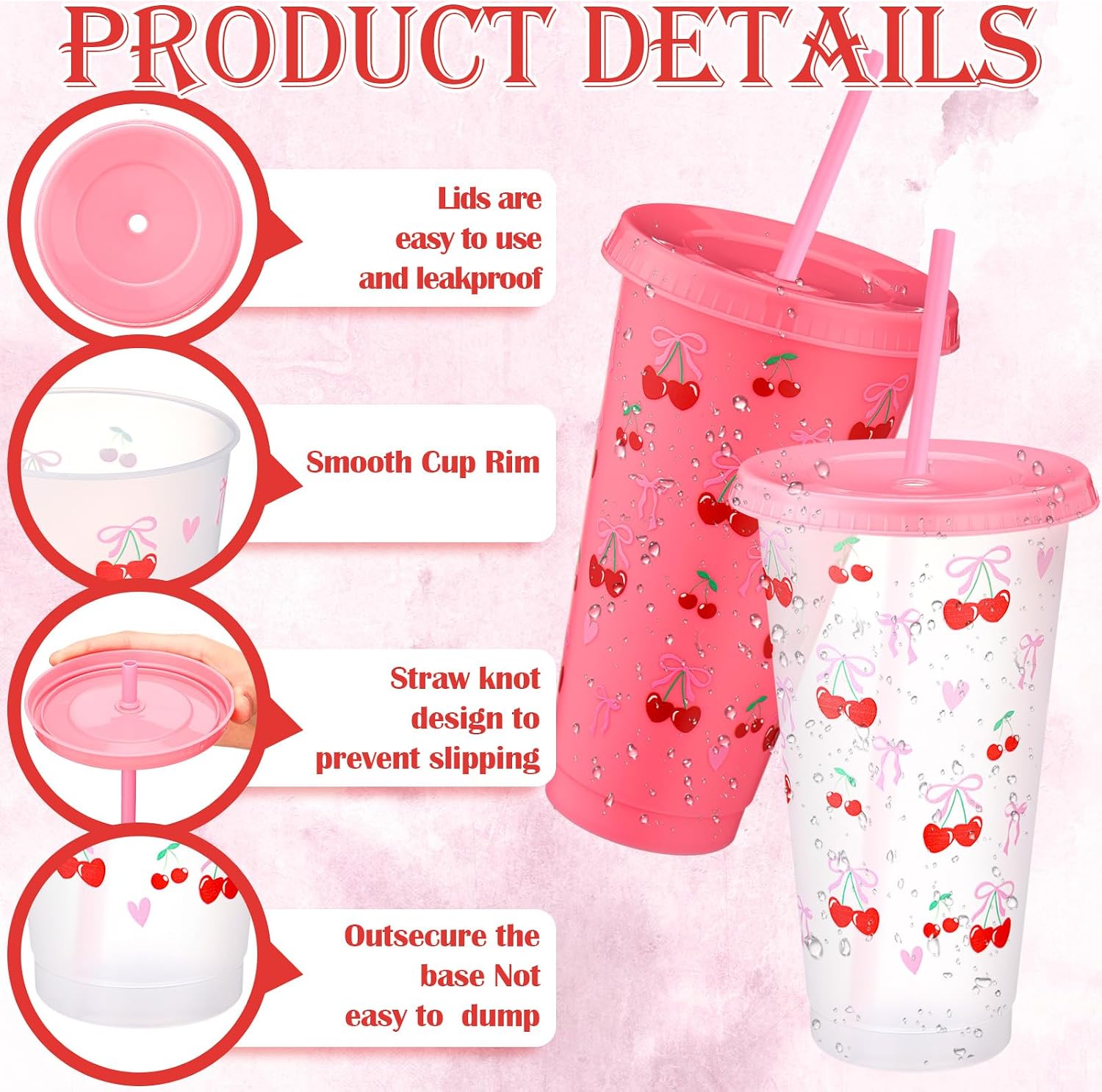 Skylety 12 Pcs Pink Bow Cherry Plastic Tumbler with Lids and Straws 24 oz Reusable Coquette Bow Plastic Tumbler Ice Drinking Cold Cup for Birthday Bridal Shower Wedding Party Supplies (Multicolor)