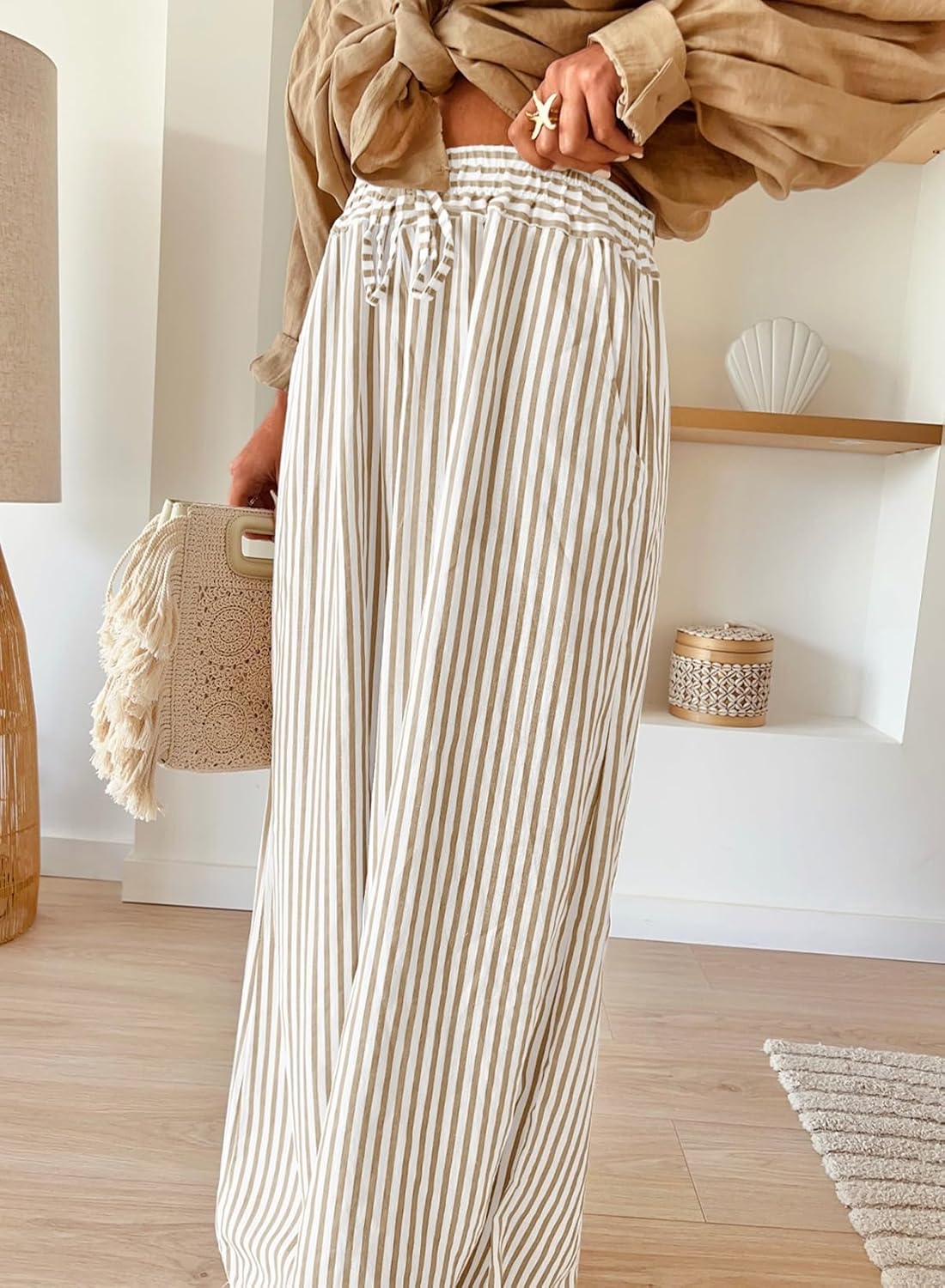 Acelitt Women Casual Drawstring Elastic Waist Striped Wide Leg Pants with Pockets, S-XXL - Image 3