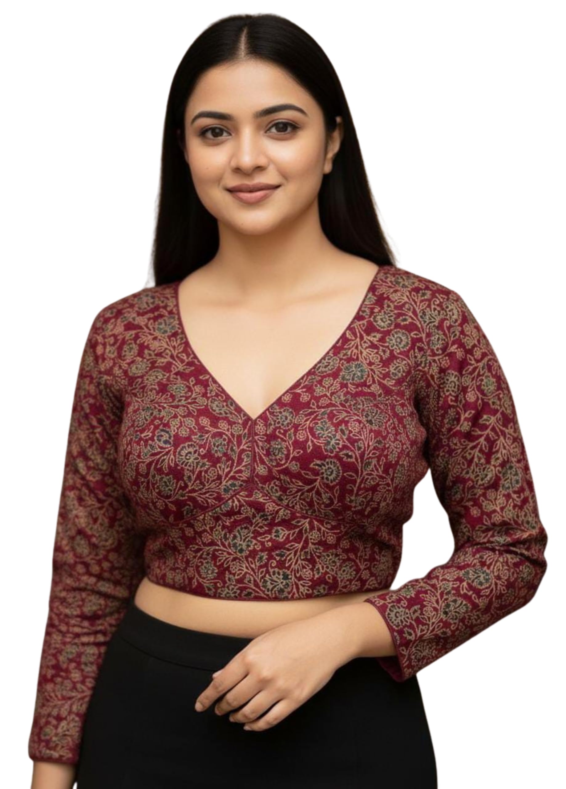 shrisay creation Women's Ready-to-Wear Pure Ajrakh Cotton Blouse - Heavy Ajrakh Print | V-Neck Front, Back Hook Closure | Long Sleeves | Padded, Ethnic Design | Size 38-Alterable 36–40-picture-10