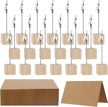 30 PCS Picture Clip Stand, Photo Clips Holder with 45 Kraft Cards, Wooden Table Number Holder Menu Stand for Wedding, Restaurant Dinner Party Table Number Displaying