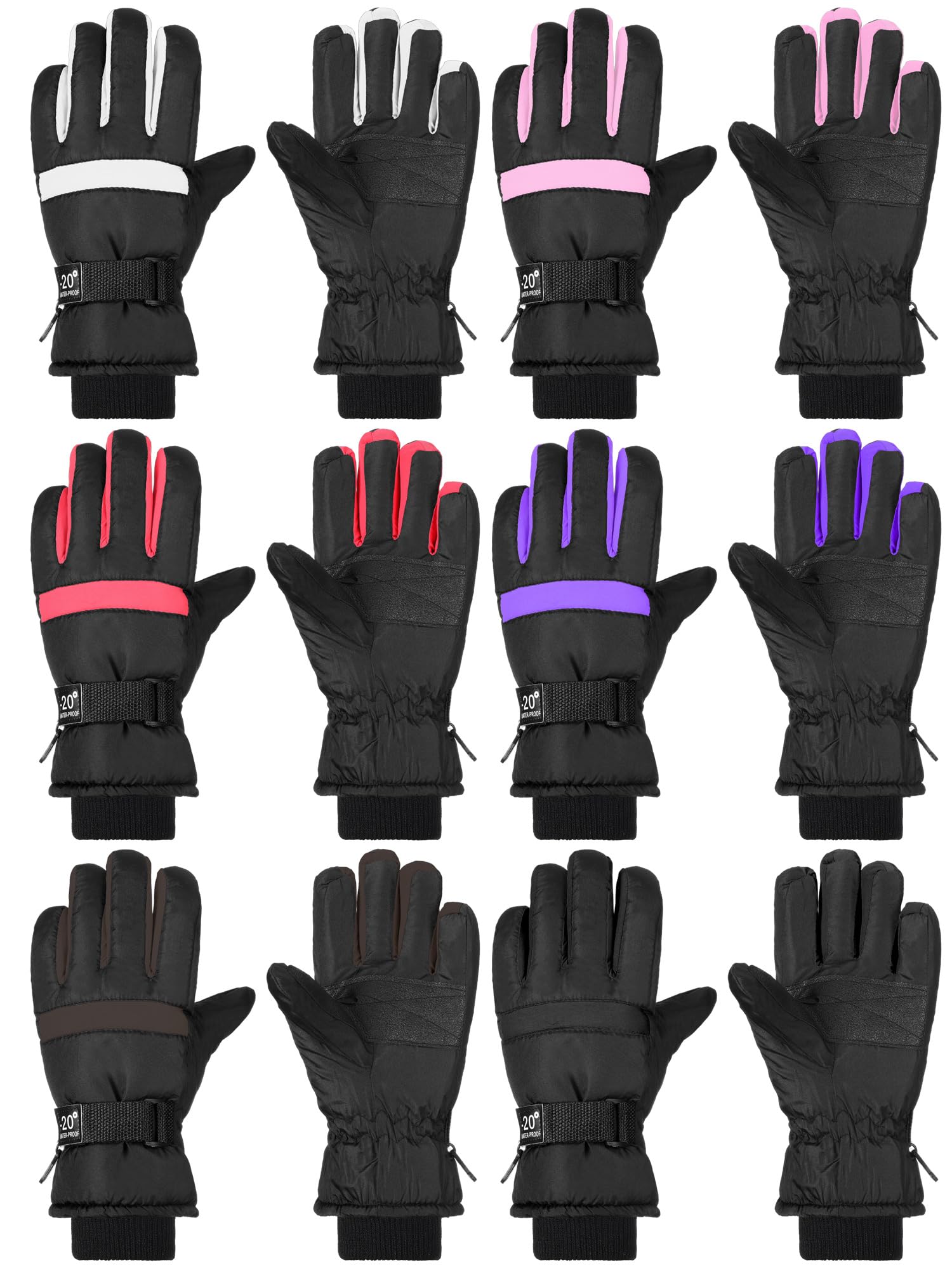 Bencailor 6 Paar Winterhandschuhe für Kinder, wasserdicht, Jungen, Schnee, Ski-Handschuhe, Mädchen, warm, winddicht, Fäustlinge für Kinder im Freien (Schwarz, Pfirsichrosa, Weiß, Hellrosa, Dunkelbraun