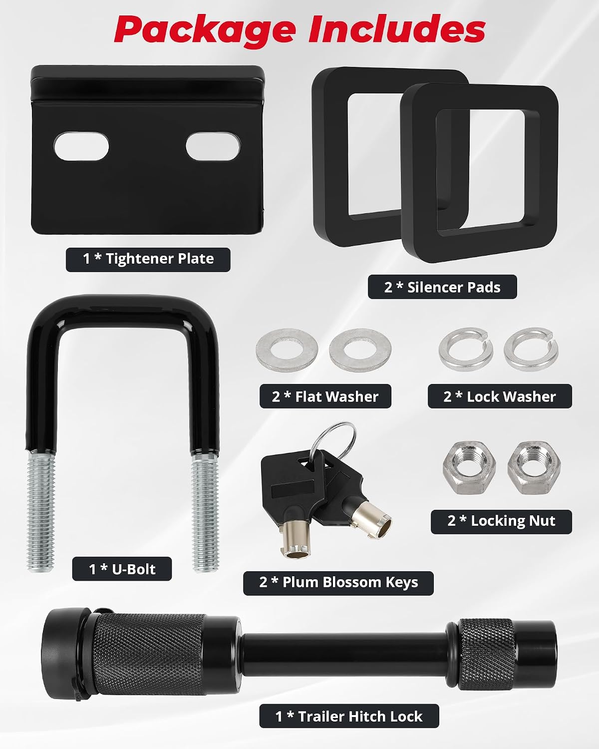 Hitch Tightener Set, 2" Anti Rattle Hitch Clamp, 5/8" Receiver Pin Lock and 2 Silencer Pads, Heavy-Duty Anti Rust Trailer Stabilizer Stop Towing Noise