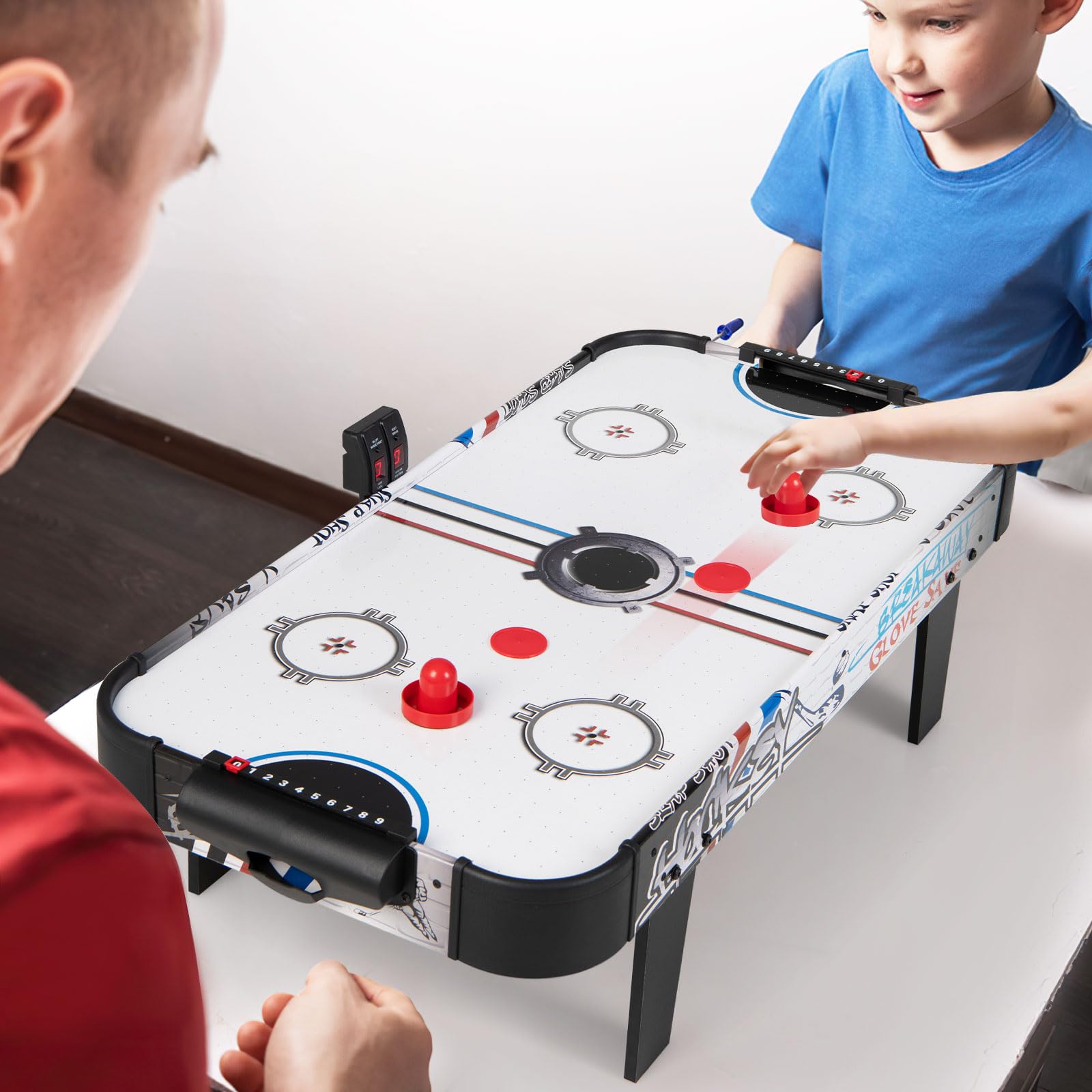 COSTWAY Tavolo Air Hockey, Set Tavolo da Air Hockey con Segnapunti LED Elettronico, 2 Dischi, 2 Palette, 2 Porte, Gioco Divertente per Bambini e Adulti, 110 x 59 x 31 cm