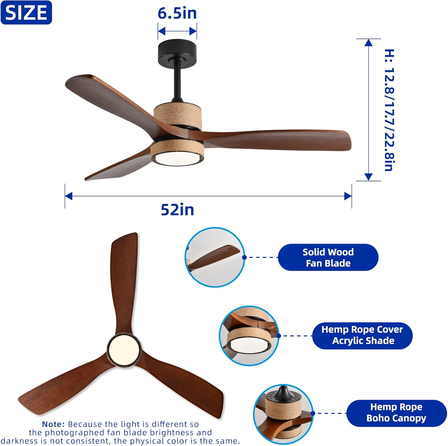 52 Inch Boho Ceiling Fan with Light and Remote, Farmhouse Wood Blades DC Motor, Quiet 3-Blade Reversible Ceiling Lights for Living Room, Dining Room，Bedroom.