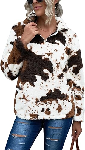 EARKOHA Sudadera de forro polar de manga larga para mujer con cuello con cremallera estampado de vaca