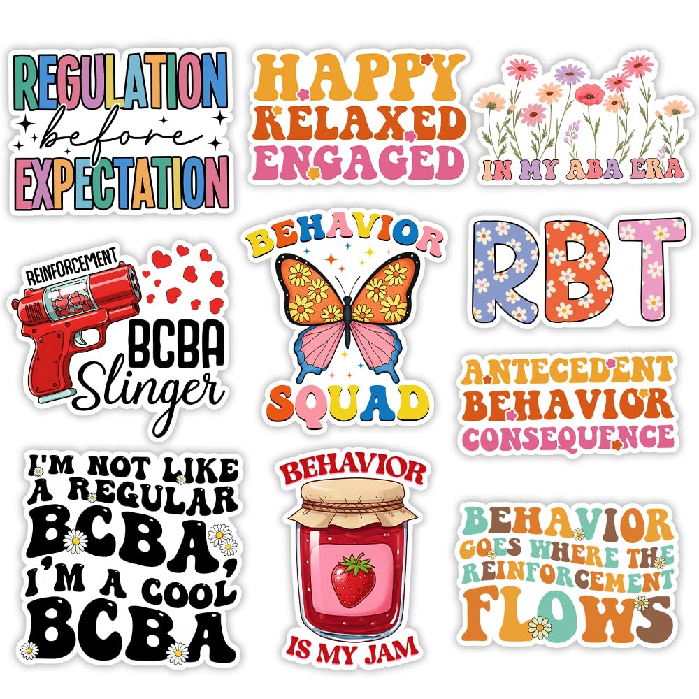 MAIANEY [10Pcs, 3"x3"] ABA BCBA RBT Stickers, Behavior Analysis Vinyl Decals for Therapists, Teachers, Students – Funny Autism Therapy Waterproof for