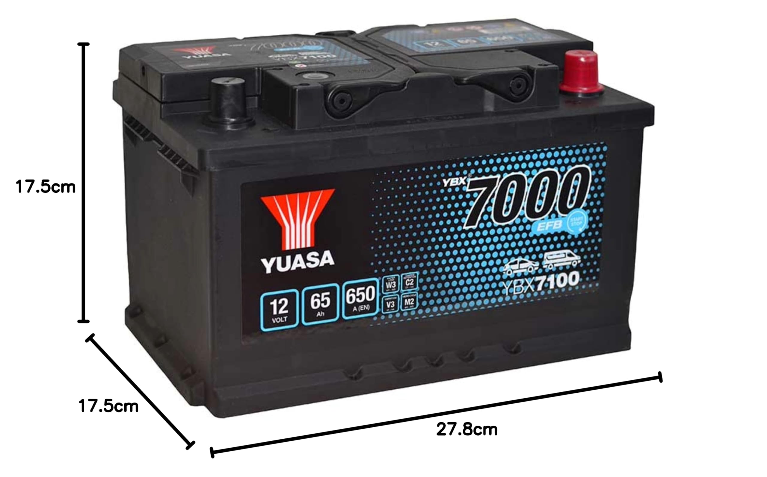 YUASA Batteria 65, Ah 650, A/EN YBX7100 L 278mm B 175mm H 175mm Compatibilità con FORD Fiesta Mk6 Hatchback JA8, JR8 FOCUS III C-Max II DXA/CB7, DXA/CEU Kuga Mk2 DM2 Fiesta Mk7 Hatchback
