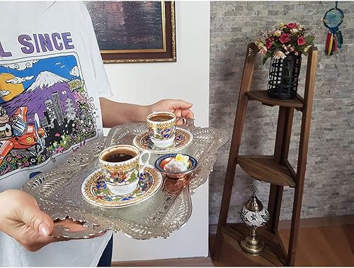 Miniatura 6 de Manijas plateadas de bandeja de té turco para servir café, bandeja plateada decorativa, bandeja de metal para servir, centro de mesa para fiesta,