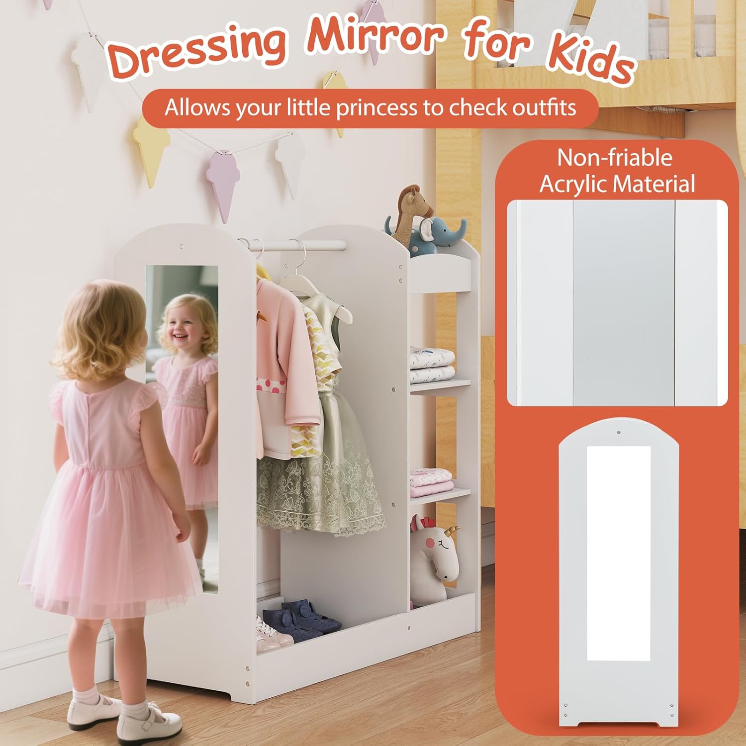 HONEY JOY Kids Dress up Storage with Mirror, Wooden Children Costume Wardrobe Closet, Open Hanging Toddler Armoire, Pretend Play Baby Dresser for Bedroom Playroom, Gift for 2+ Years Old (White)