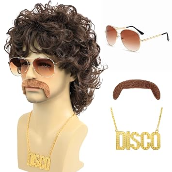 Bettecos 70s Disco Wigs for Men - Brown Curly 80s Mullet Wig for Halloween Costume Party Male Afro Funny Wigs with Glasses Necklace and Mustache Brown