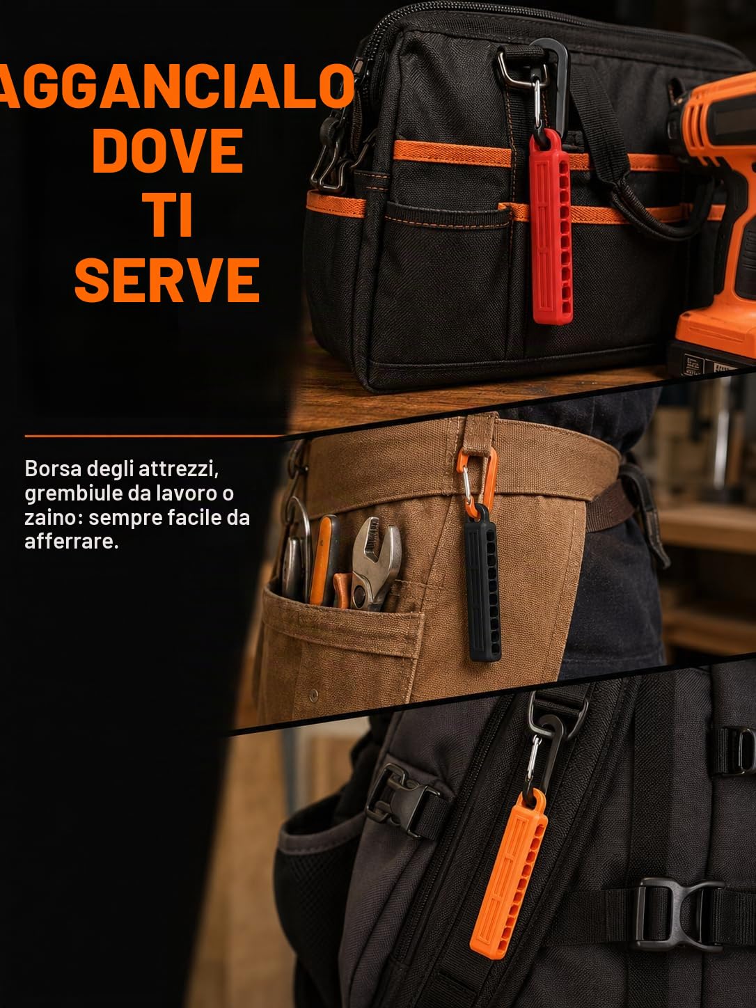 Porta Punte Trapano Vuoto, 6 Pezzi 10 Fori Organizer per Trapano Esagonale da 1/4", con Gancio a Clip, Striscia di Immagazzinaggio Punte in Gomma, Rapido Recupero e Conservazione