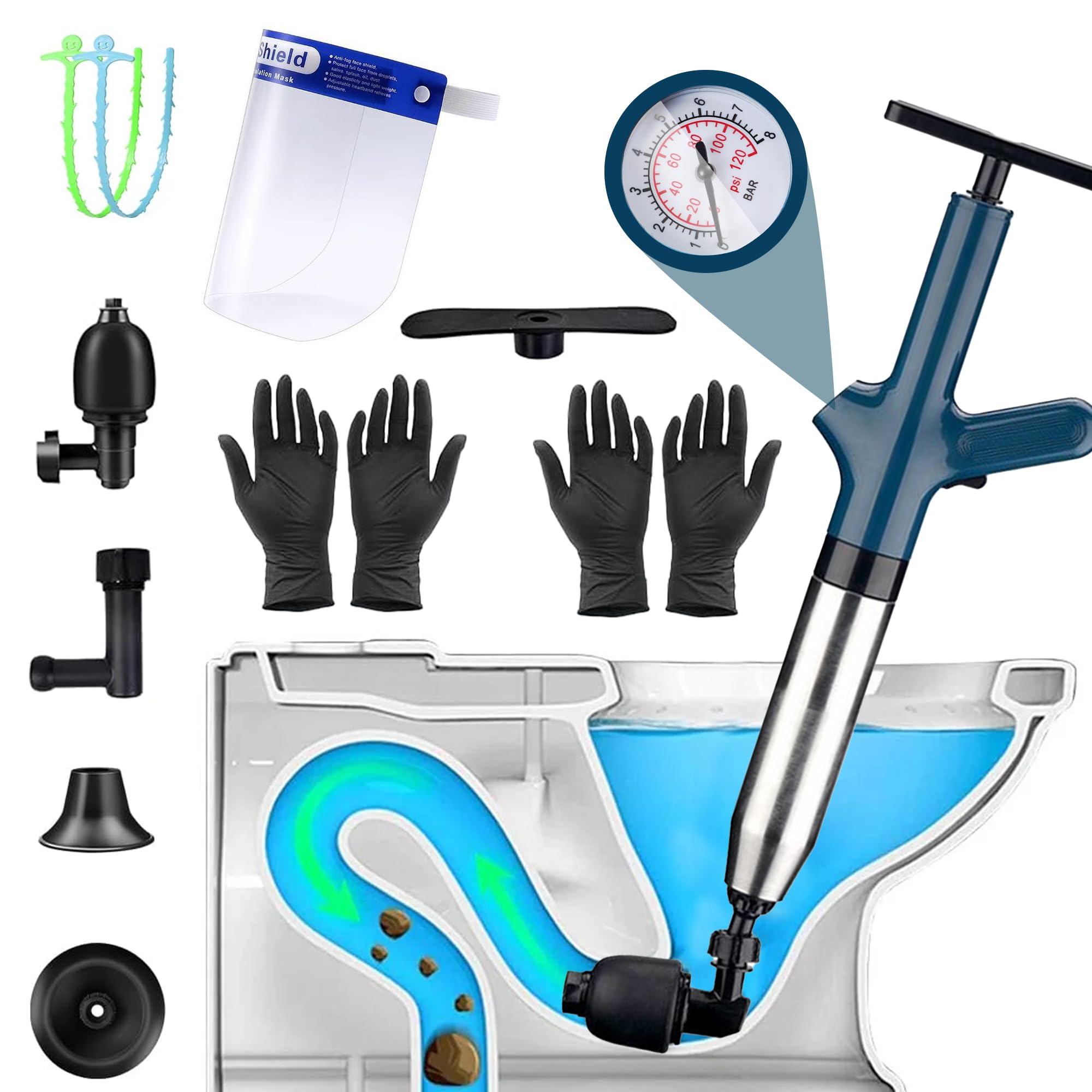 High Pressure Toilet Plunger Kit: Heavy Duty Toilet Unblocker Powerful Stainless Steel Toilets Plungers for Unblocking with 4 Replaceable Heads Visual Barometer for Bathtub Drain Kitchen Clogged