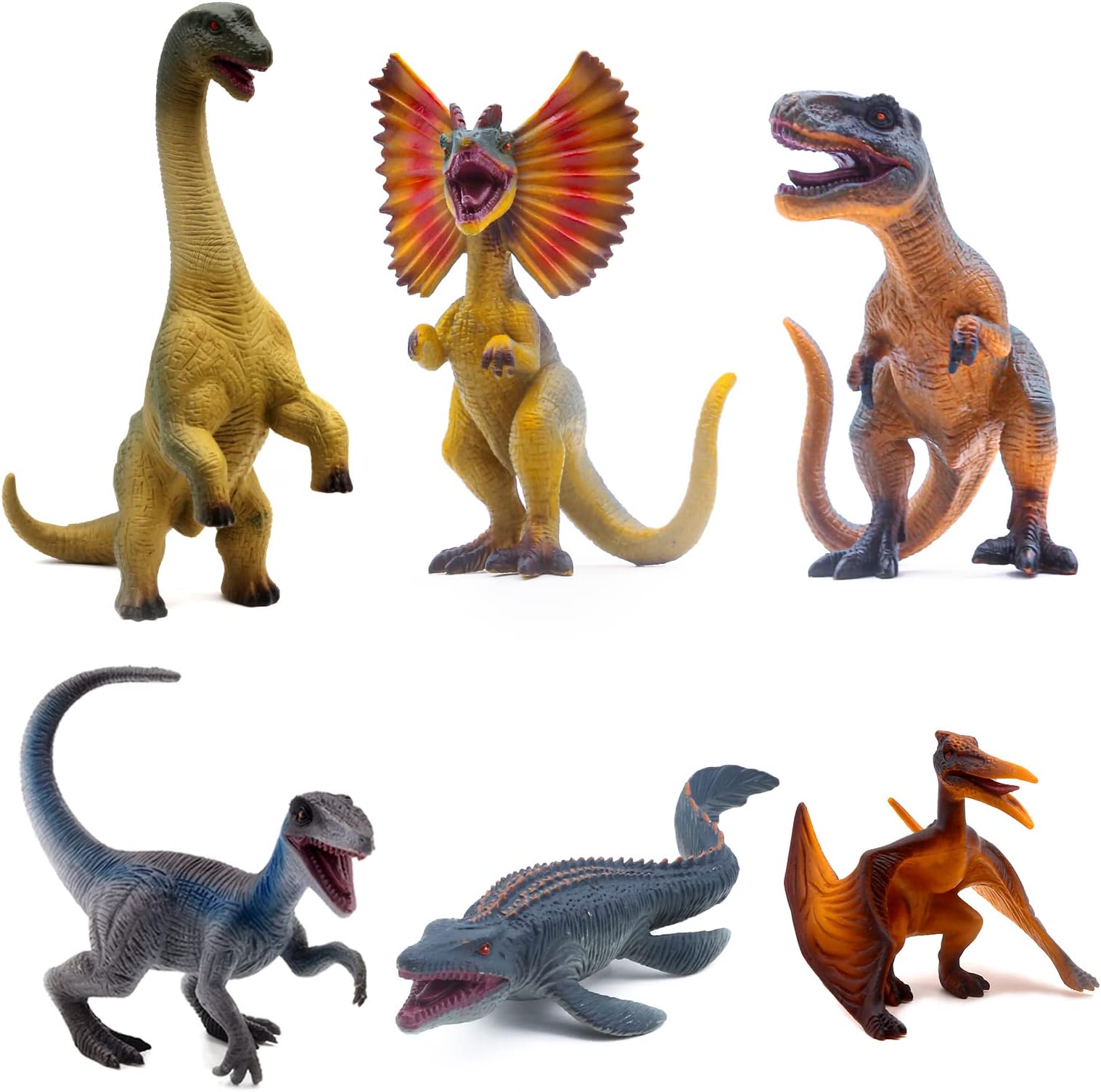 SIENON 6Pack 6.3 Inch Jurassic Dinosaur Toy Figures, Realistic Dino Toys Set Dilophosaurus Blue Velociraptor T-Rex Mosasaurus Brachiosaurus Pterosaur Dinosaur Figurines for Dino Party Décor