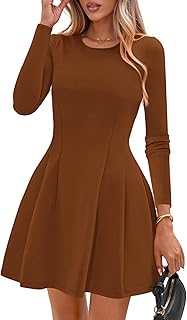 Long Sleeve Mini Dress for Women 2025 Fall Crewneck Knit Pleated Babydoll A Line Soft Casual Short Party Dresses