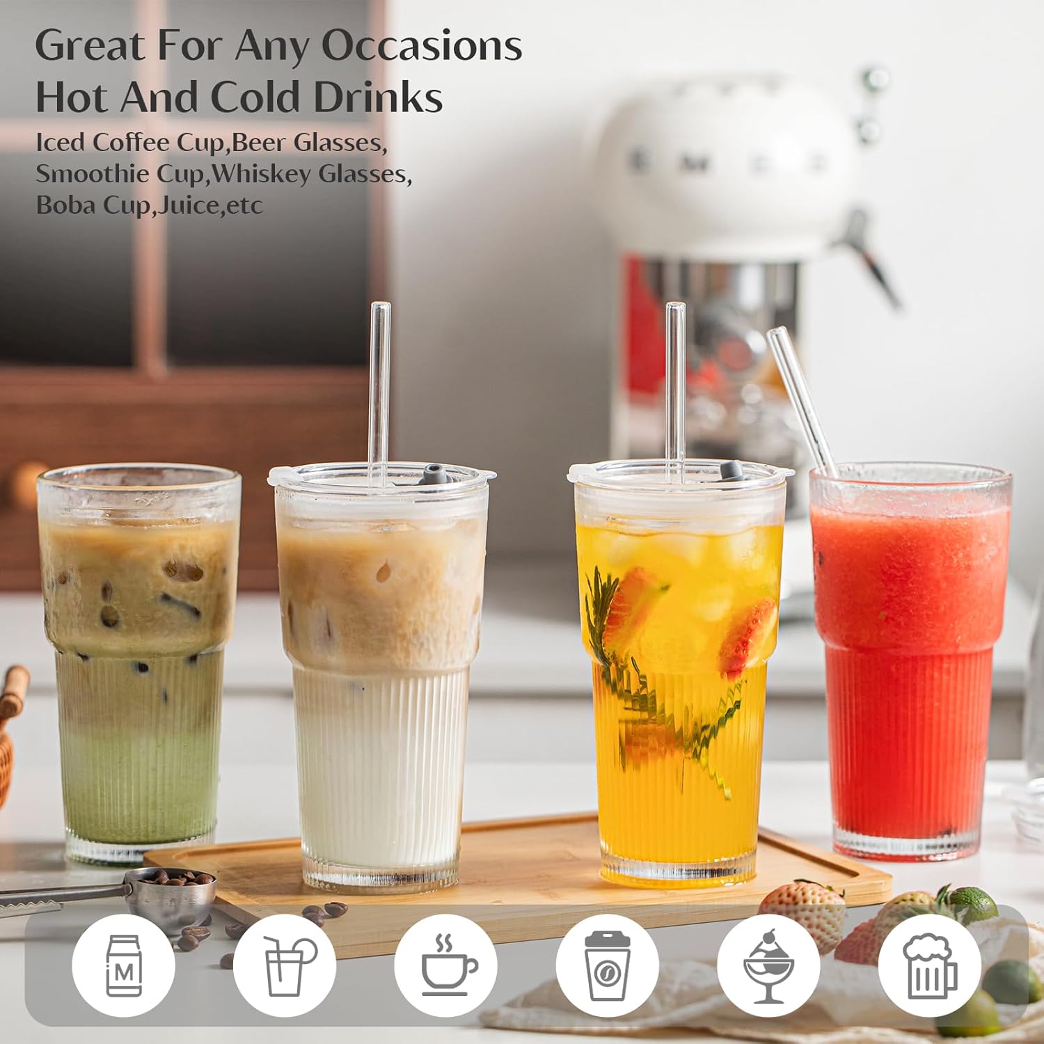 INSETLAN 530ml Glass Cups with Straws & Straw Cleaner, Set of 4, Clear Ribbed Drinking Glasses with Plastic Lids for Water, Juice, Iced Coffee & Smoothies, Dishwasher Safe - Image 5