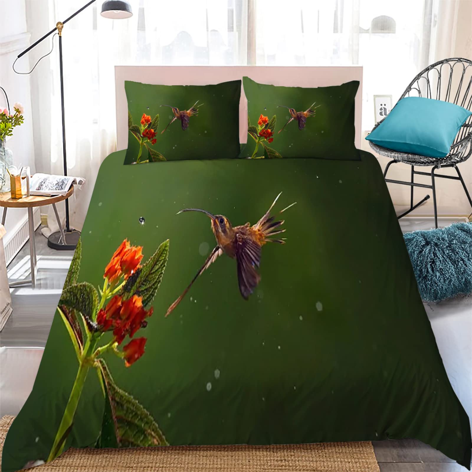 Parure de lit colibri vert foncé 220x240 pour transformer votre chambre en un havre exotique