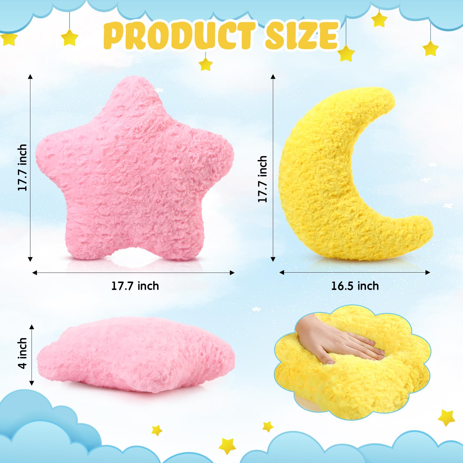 Beeveer Set di 2 cuscini a forma di stella e luna, 45 cm, graziosi cuscini in peluche per divano letto, divano, morbido cuscino a mezza luna con decorazione per camera da letto, soggiorno, dormitorio