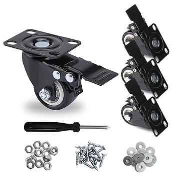 NSAEY 2 inch Caster, Light Duty Casters with Brake, Easy-Locking Swivel Casters with Polyurethane (PU) Wheels, Noiseless Castors,Set of 4