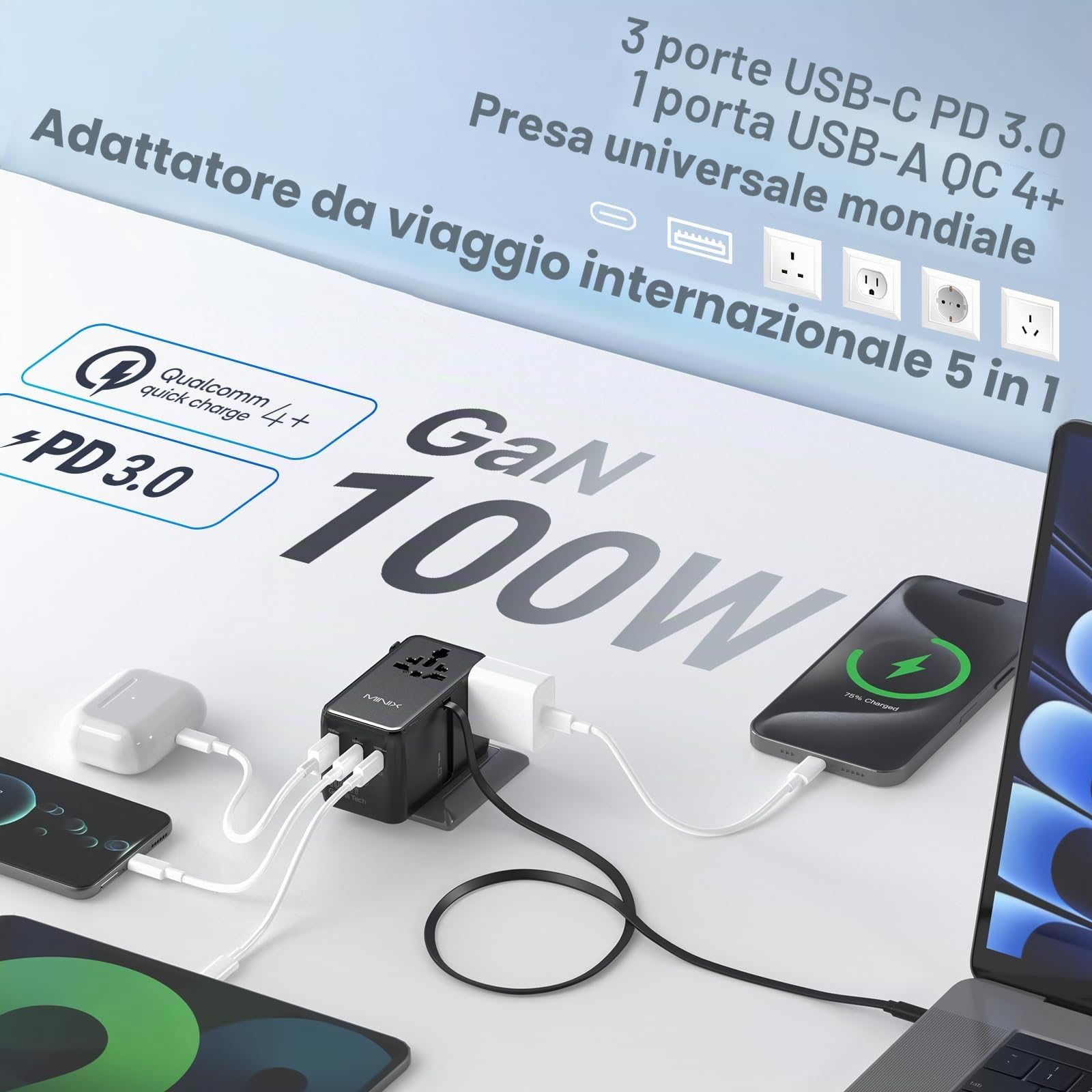 MINIX Adattatore da viaggio universale 100 W con cavo USB C retrattile, PD 3.0 GaN III, porte USB-C * 3 USBA * 1, presa AC, caricatore da viaggio globale per computer portatili tablet telefoni