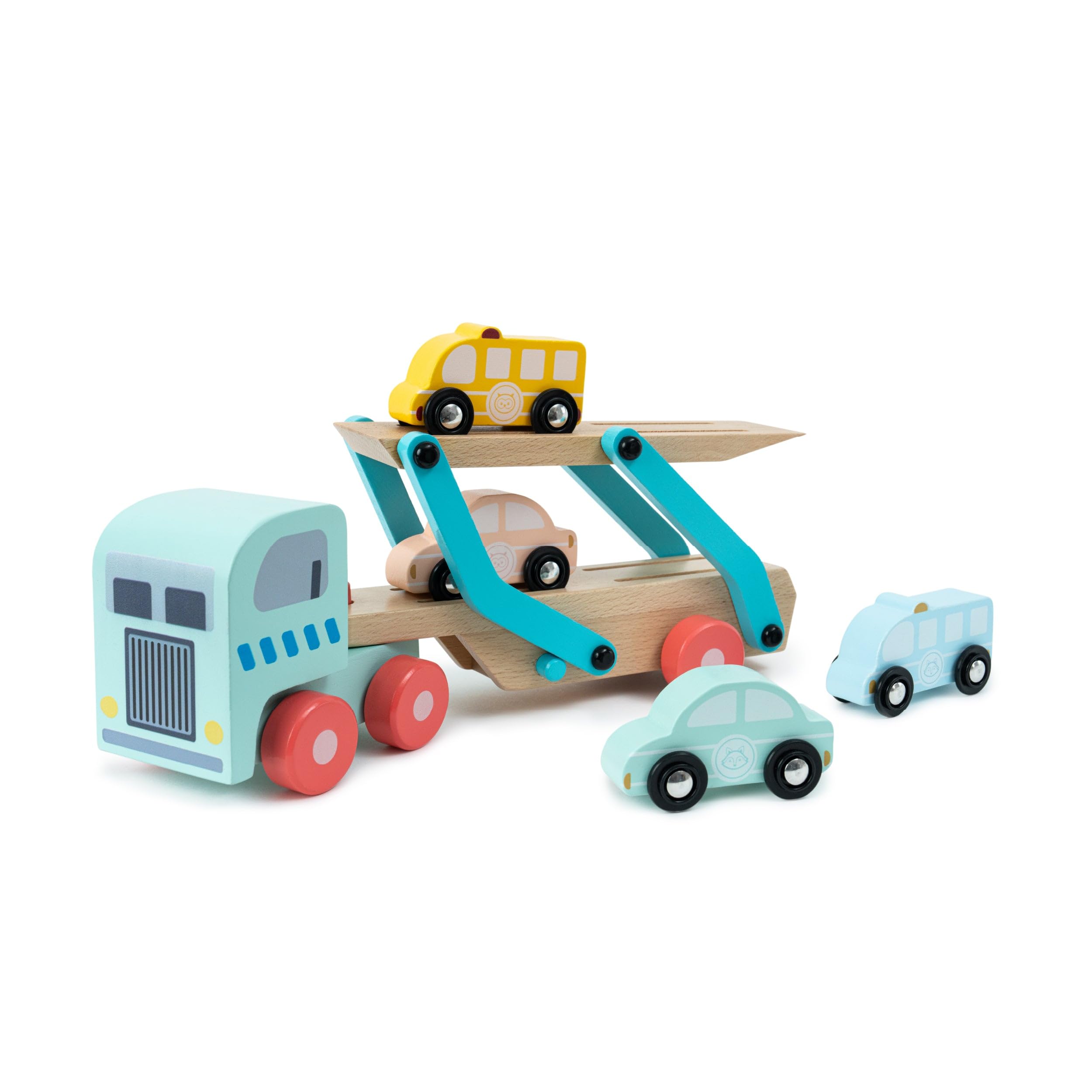 Wooden Toy Car Transporter - Includes Lorry, Trailer, and 4 Cars, Inspires Imaginative Play and Storytelling, Supports Social Skills, Made from FSC Certified Wood, Suitable for Ages 3+