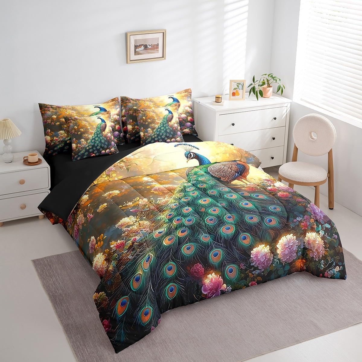 Erosebridal Floral Peacock Queen Comforter Set 7 Piece Garden Bird Animal Bedding Set for Kids Boys Girls,Luxuriant Teal Peacock Feather Bed in A Bag Flowers Plants Woodland Wildlife Bed Set