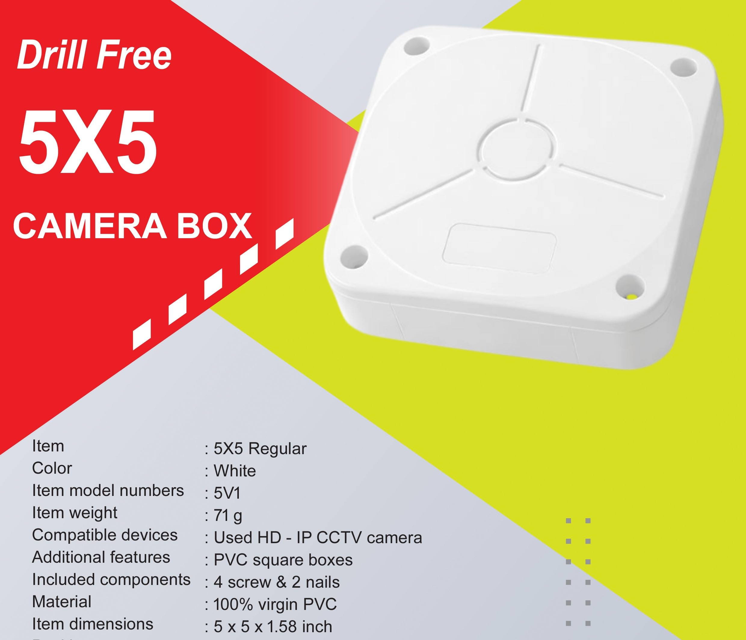 5x5 Inch CCTV Camera Mount Box, White, Virgin Plastic, Drill Free