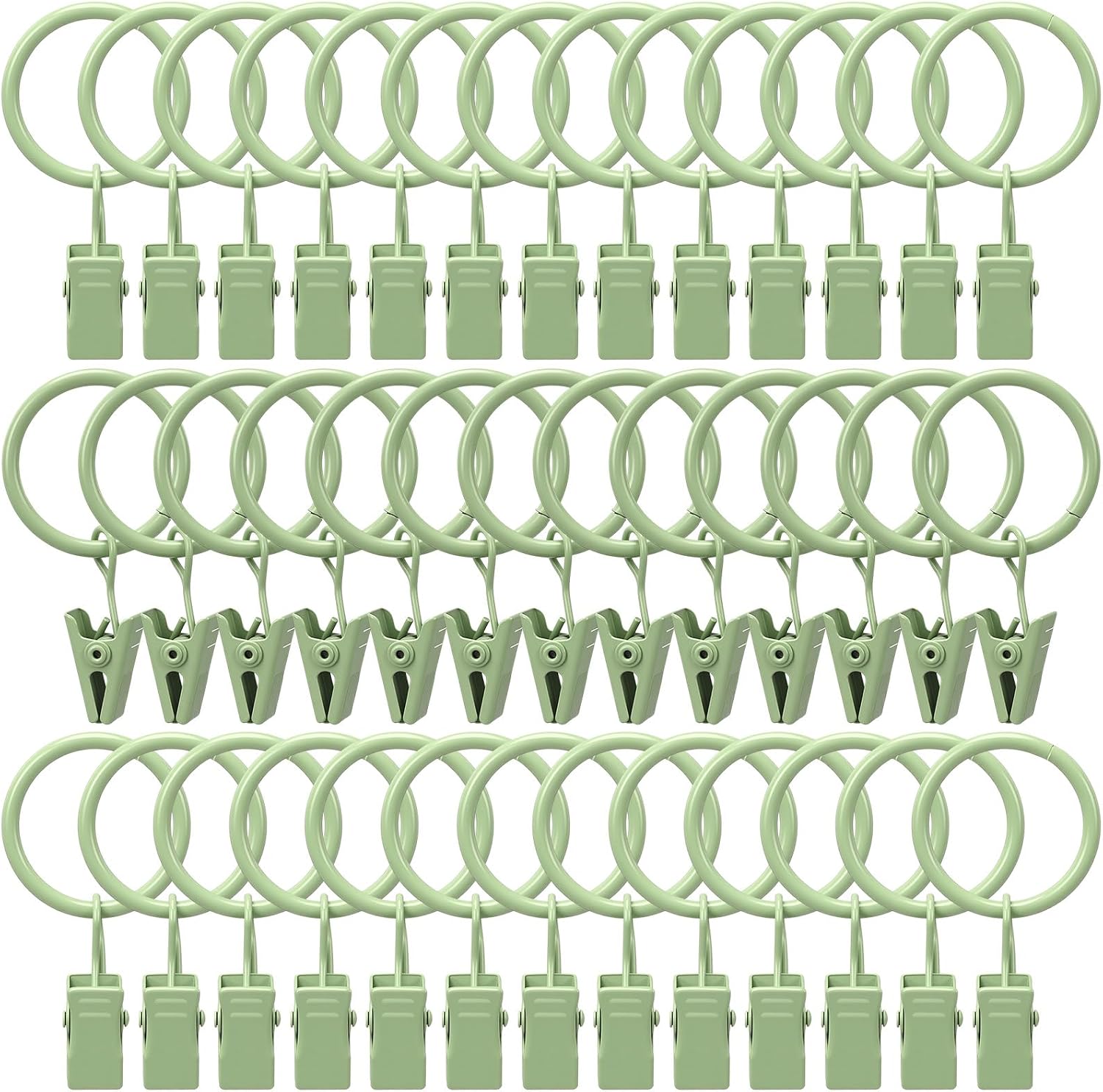 Marsui 40 Pack Metal Curtain Rings with Clips | Sage Green Window Rings Hooks Drapery Ring 1.26 in Outer Diameter Fits up to 1 in Curtain Rod for Shower Home Bedroom Hotel