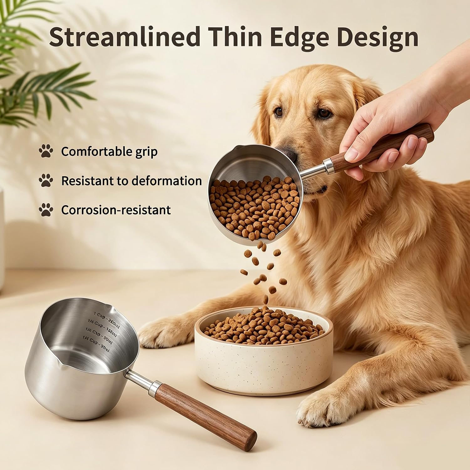 Dog Cat Food Scoop 1 Cup, 304 Stainless Steel Dog Food Measuring Cup with Inner Precision for Pets & Kitchen Use
