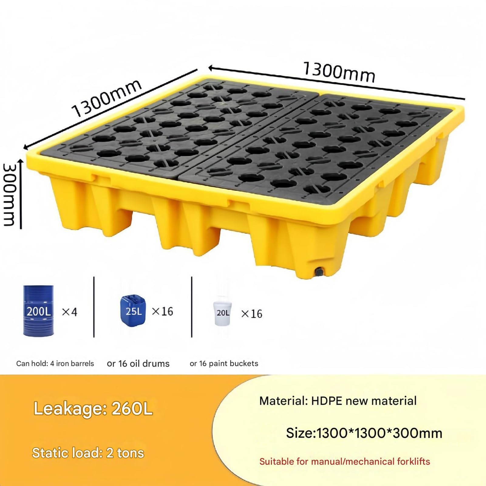 Plate-Forme Anti-déversement en polyéthylène, Palette en Plastique étanche, Grille Plate Amovible et Conception empilable (130 x 130 x 30 cm)