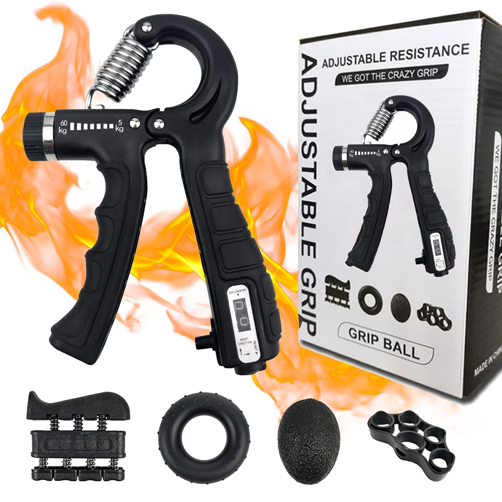 Edtech 5 Pcs Grip Strength Trainer Kit with Finger Exerciser, Adjustable Resistance Hand Gripper Forearm Trainer for Athletes Exercise, Muscle Building (Black)