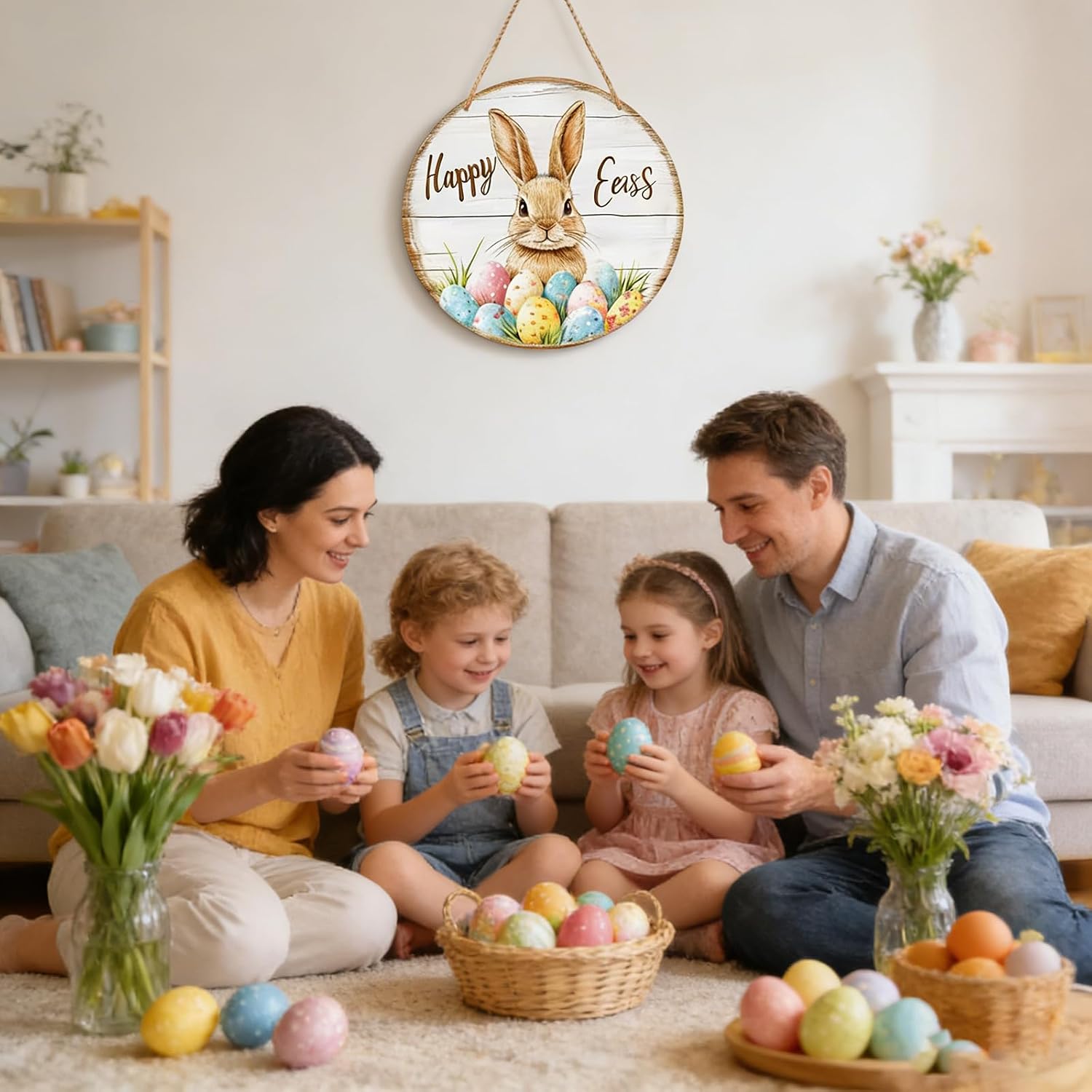 30cm Easter Wooden Hanging Sign Bunny Welcome Sign Decor for Front Door, Rustic Easter Wreath Sign for Spring Holiday Home Wall Tiered Tray Indoor Outdoor Decor (Yellow)
