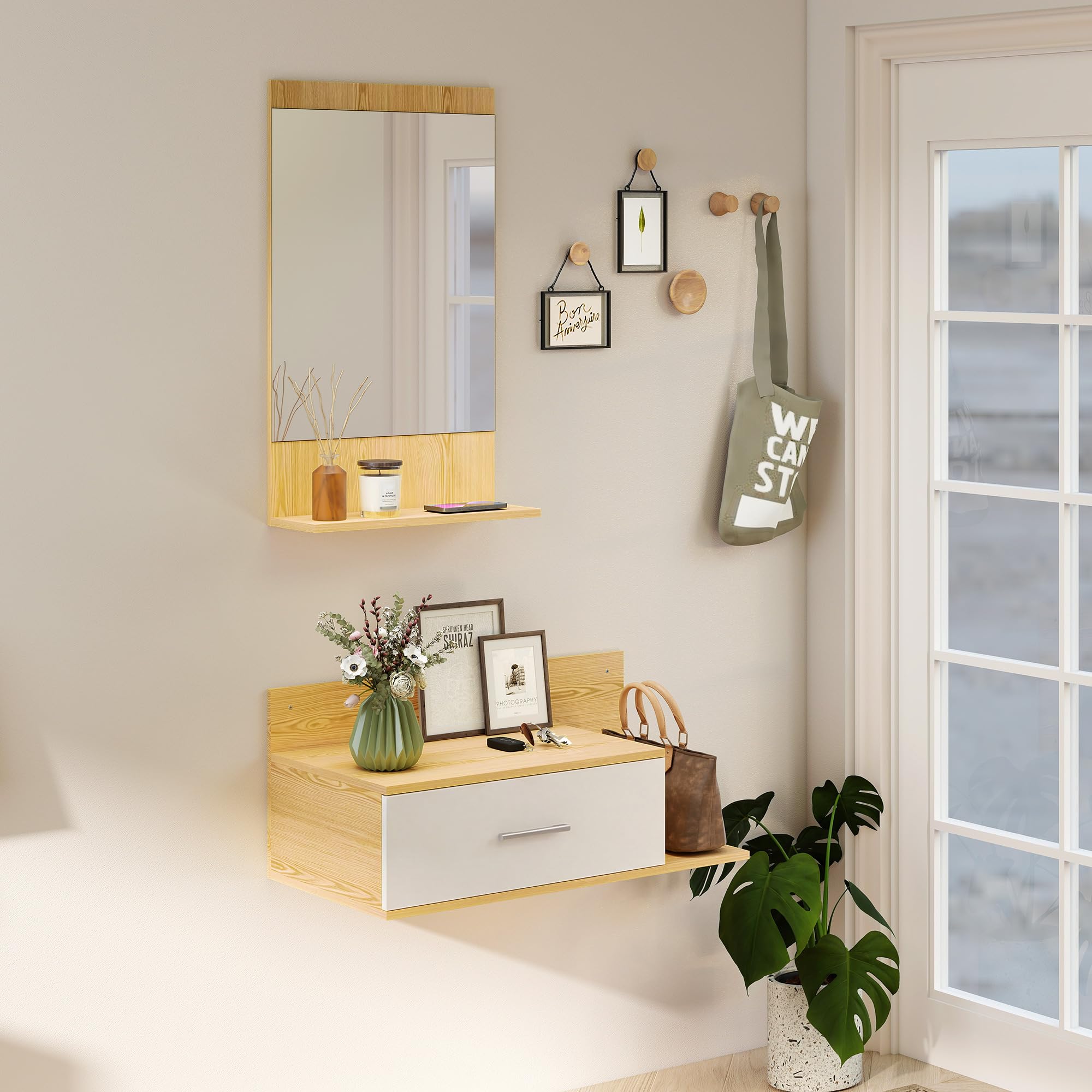 HOMCOM Set Mobili Ingresso con Specchio, Mobiletto a Parete con Cassetto e 2 Ripiani Aperti per Soggiorno, Camera da Letto, Ingresso, Legno Naturale