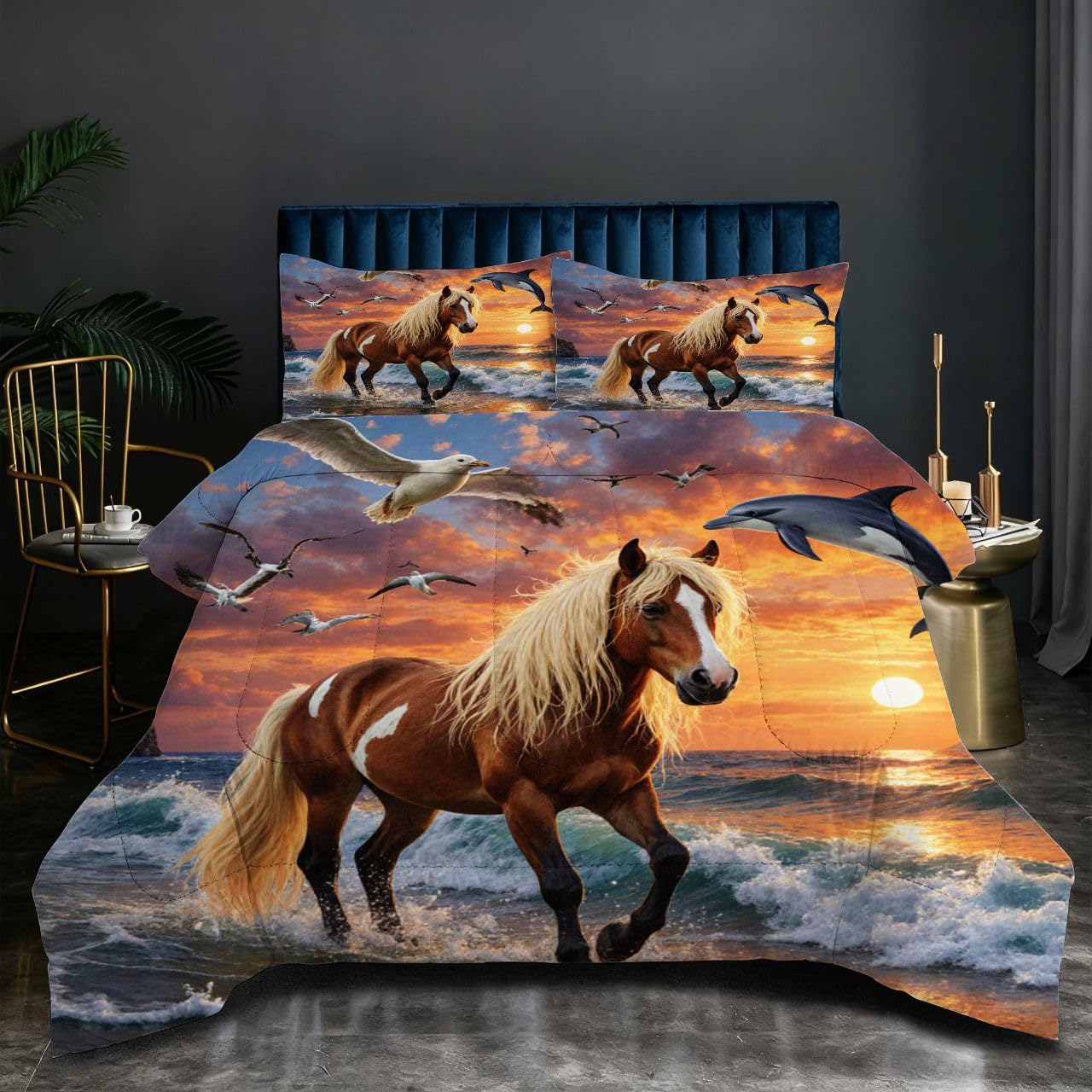 Parure de couette 220x240 cm microfibre et coton cheval brun pour grand lit O16