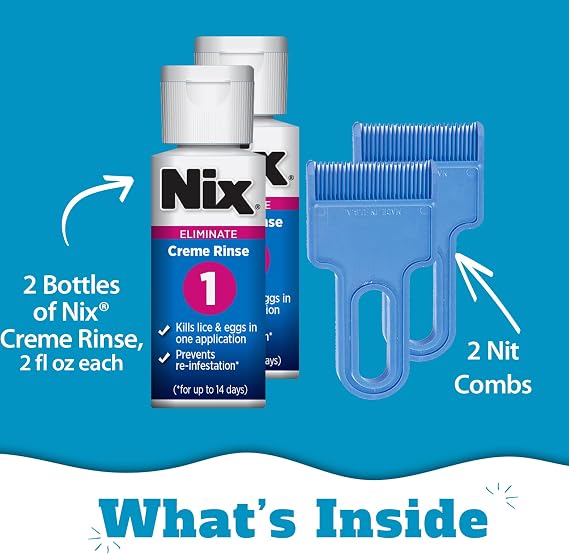 Nix Lice Treatment Family Pack, Kills Lice & Eggs, 2 Bottles Permethrin Creme Rinse (2 Fl Oz Each) & 2 Lice Combs