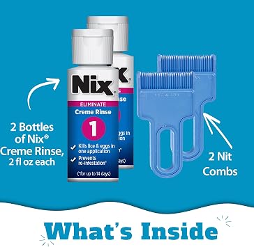Nix Lice Treatment Family Pack, Kills Lice & Eggs, 2 Bottles Permethrin Creme Rinse (2 Fl Oz Each) & 2 Lice Combs