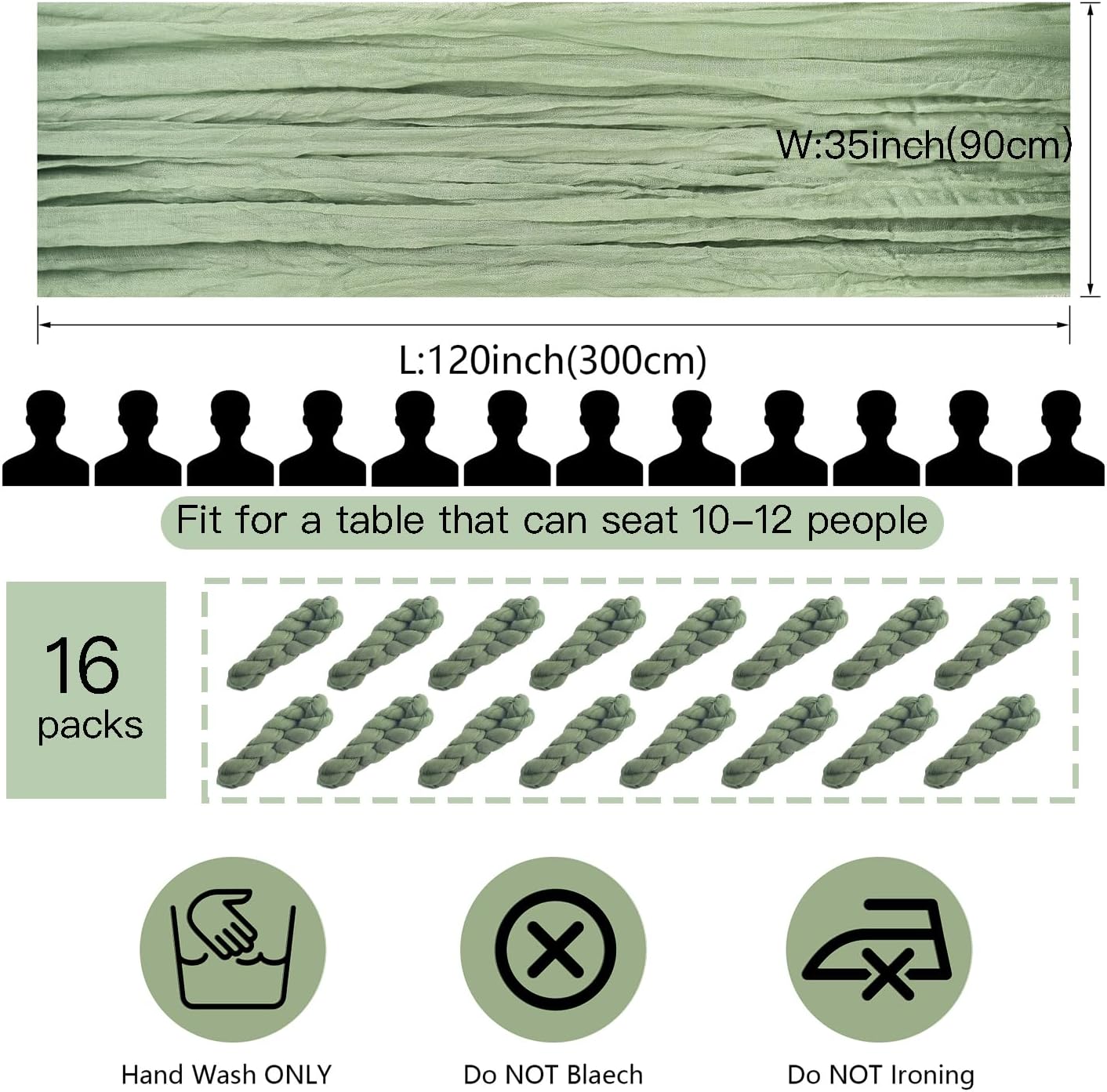16 Pack Sage Green Cheesecloth Table Runner 10FT Boho Gauze Cheese Cloth Table Runner Long Rustic Sheer Table Runners for Wedding Bridal Baby Shower Birthday Party Table Decorations