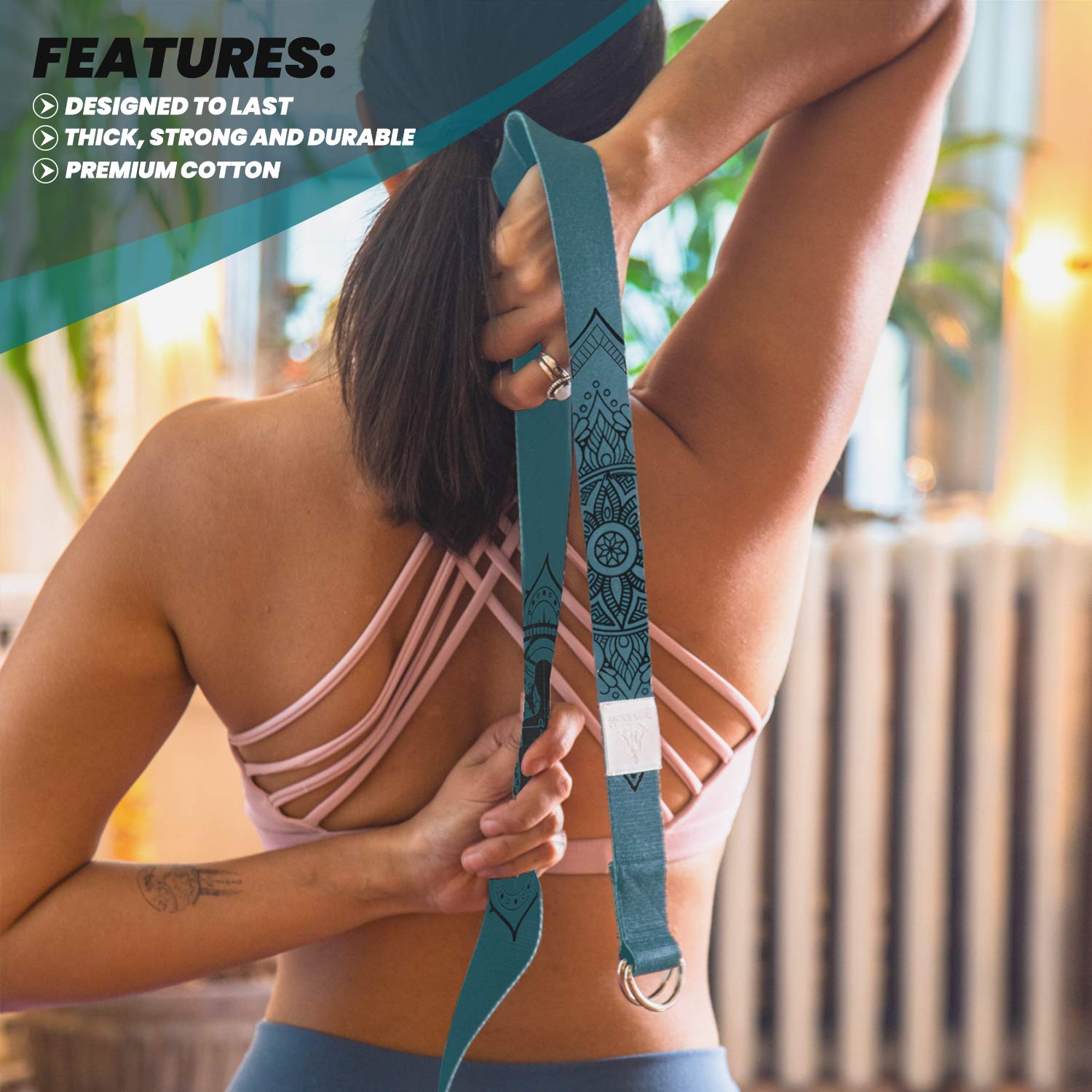 Yoga World - Cinghia Elastica per Allenamento in flessibilità, Pilates, Esercizio, Fitness, Fisioterapia, Cotone Organico Spesso, per Uso Domestico e Studio - Fibbie in Metallo con Anello a D, 1,8 m