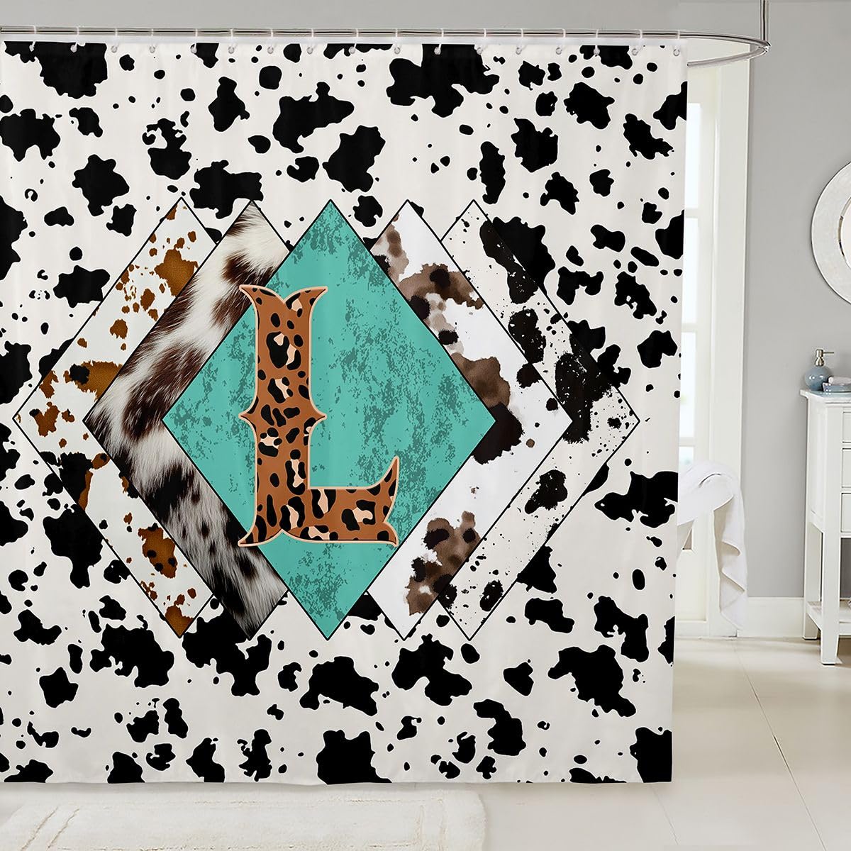 Rideau de douche lettre L taille L léopard monogramme alphabet imprimé cuir de vache rideau de bain pour adultes style rustique rustique rideaux de bain imperméables avec 12 crochets pour baignoire