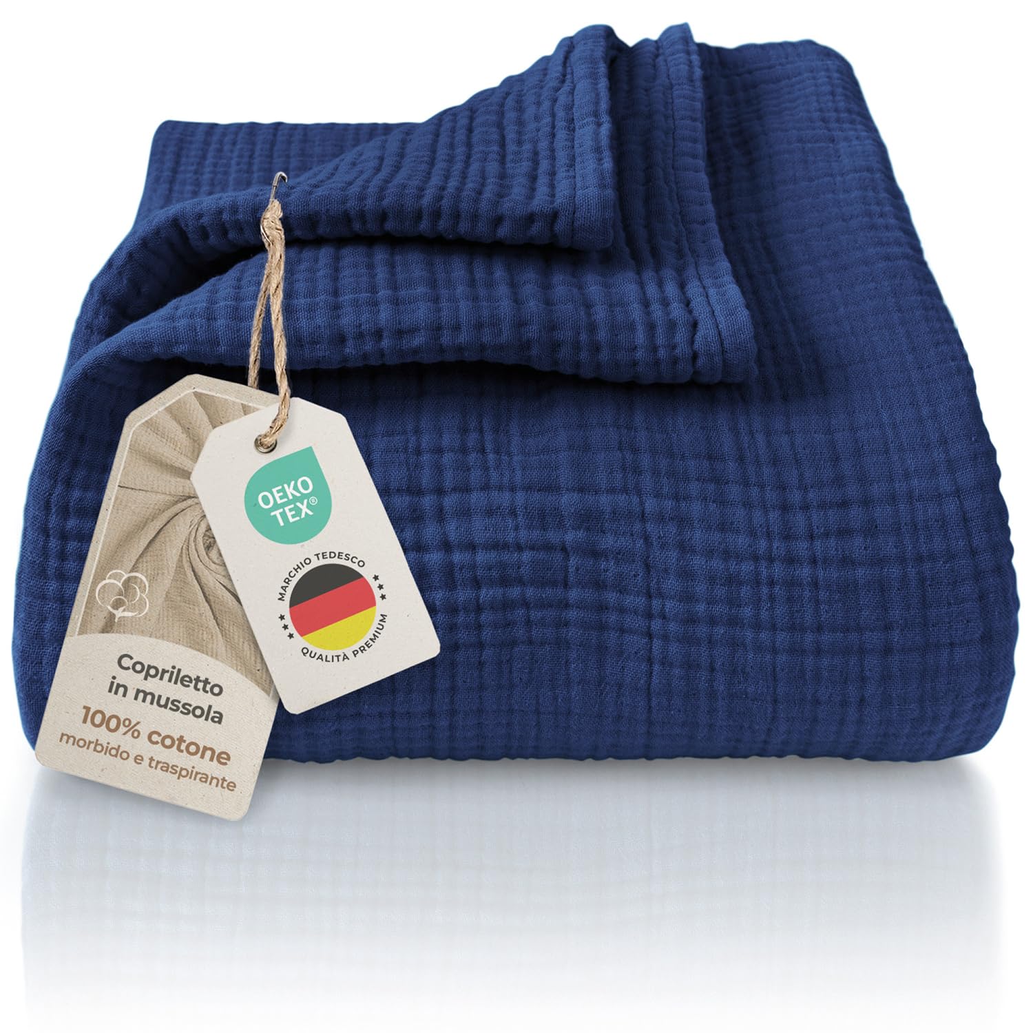 LAYNENBURG Copriletto in mussola Premium 180 x 220 cm - 100% cotone - coperta in cotone extra morbida come coperta accogliente, copriletto, copridivano, copridivano (blu)