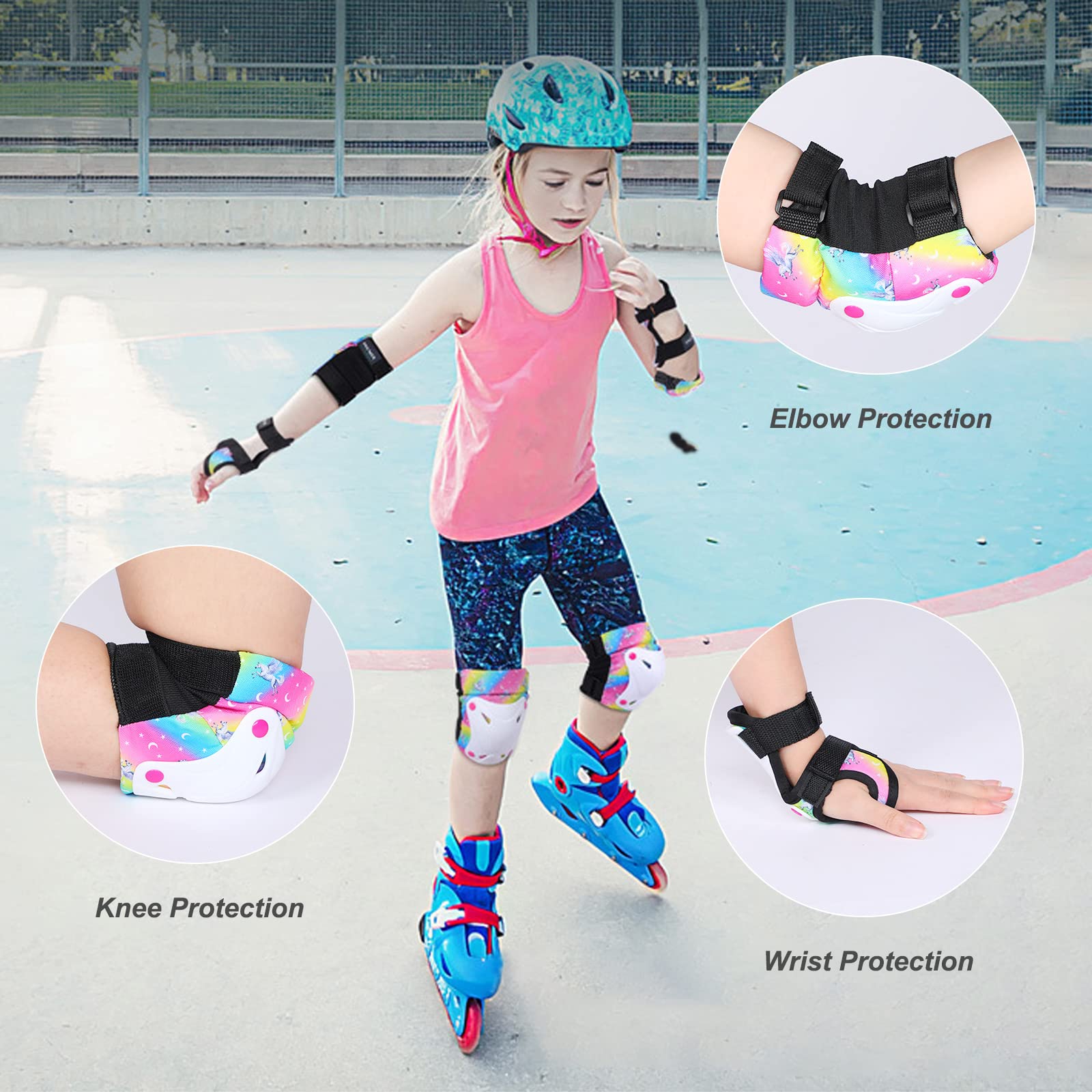 BOSONER Kniebeschermers voor kinderen, beschermers voor inline skaten, 6-delige set, beschermers voor knieën en ellebogen, beschermende uitrusting, kniebeschermers voor skateboarden (16# Leuchtend, S