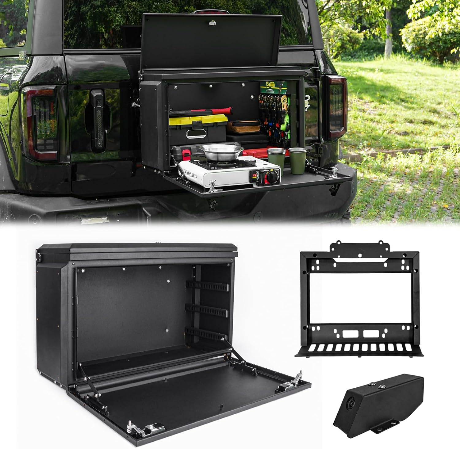 Tailgate Table Storage Box with Lock Compatible with Jeep Wrangler JK JL Ford Bronco/Badlands/Big Bend,Scalable Cargo Rack Shelf Storage Bin Camping Desk(Not Fit Sport