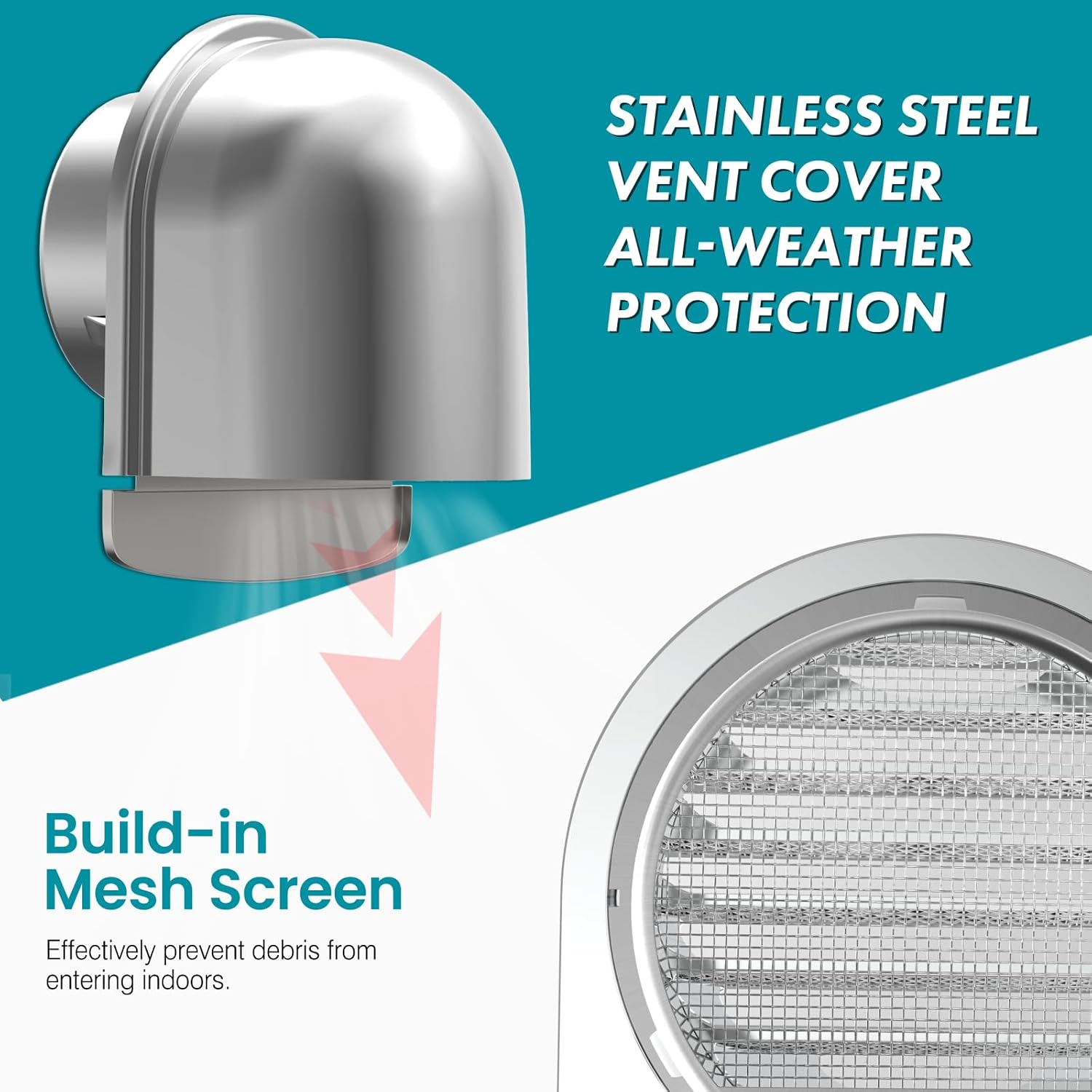 4 Inch Wall Vent Cover, HG Power Exhaust Vent with Screen Mesh, Stainless Steel Dryer Vent Cover Outside, U-Shape Air Vent Covers for Outdoor Ventilation System 94mm, Silver