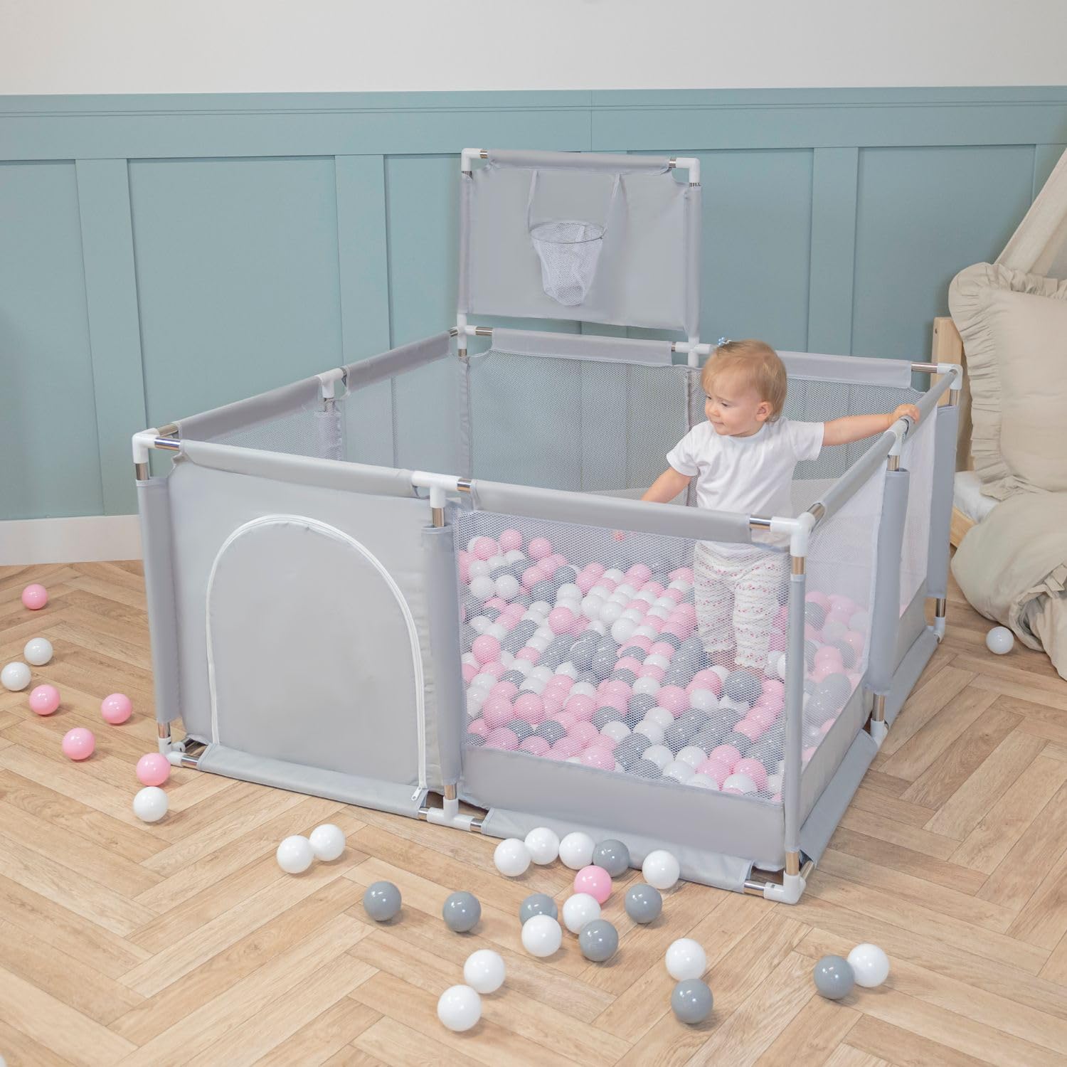 Selonis Parc Bébé Avec 100 Balles Plastiques Aire De Jeu Pliable Basket, Bleu:Bleu/Babyblue/Perle