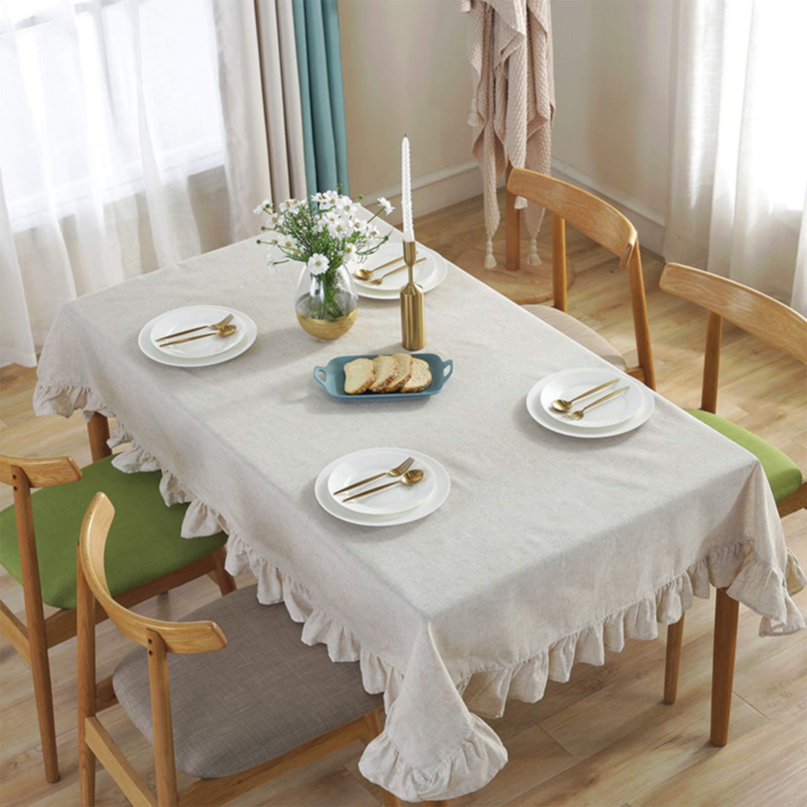 rismart Volante Fruncido Lino Manteles Cubrir Mantel por Escritorio Mesa Adorno Beige,140 x 260 cm