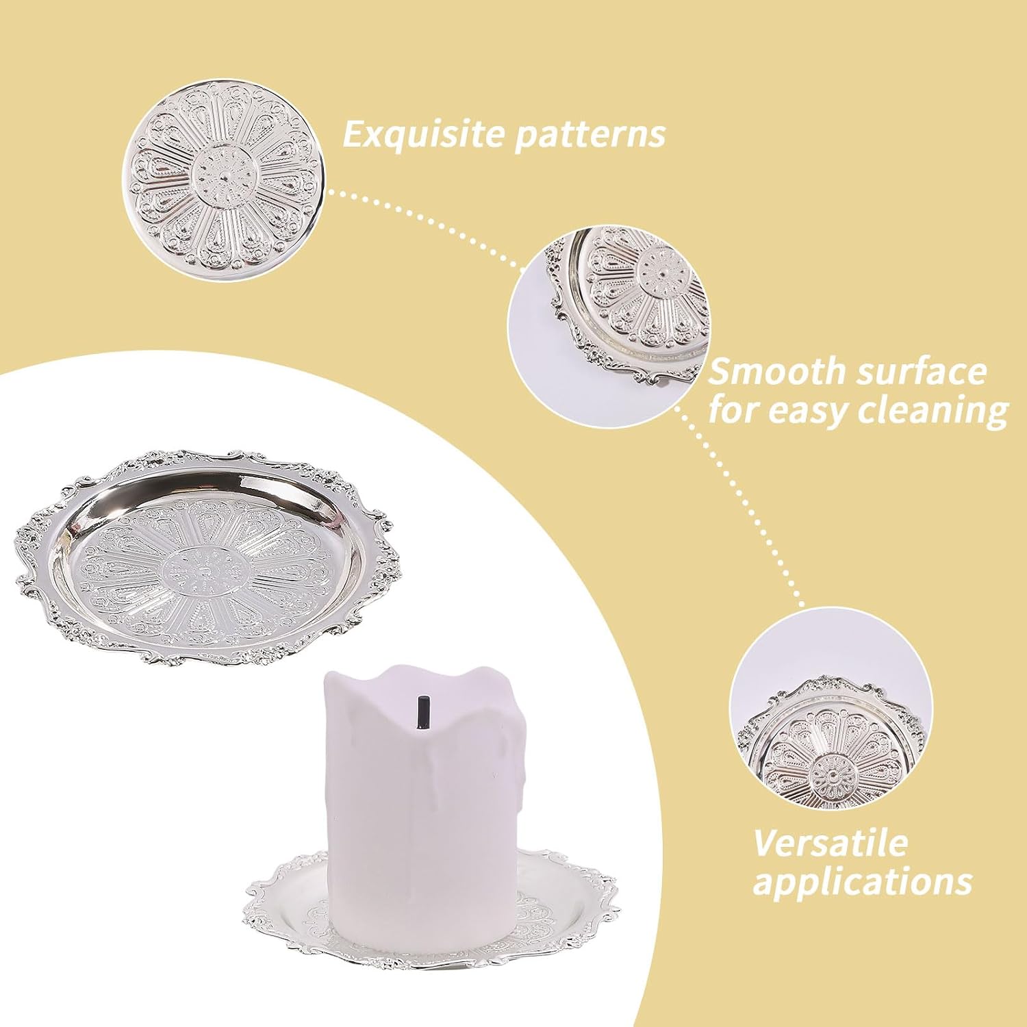 GLOBLELAND 4 Pcs 3" Vintage Round Metal Candle Holder Plate Silver Candle Holder Trays Iron Jewelry Plates Decorative Iron Plate for Pillar Scented Flameless Ball Candles