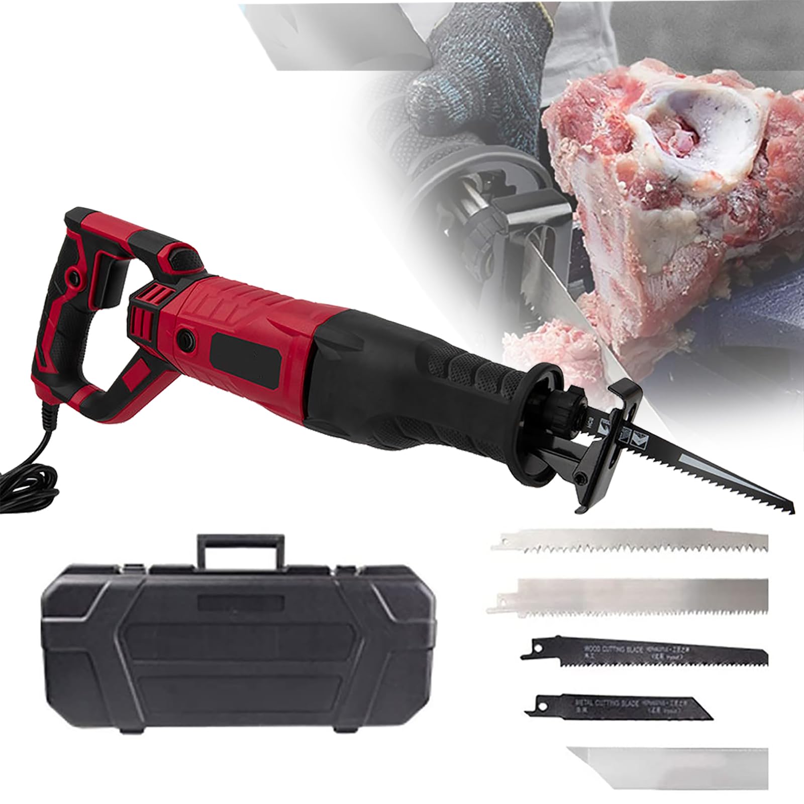 Fhrka Electric Bone Saw 2000W Handheld Butcher Bone Saw With Saw Blades, Commercial Reciprocating Meat 180°Rotating Body Stepless Speed