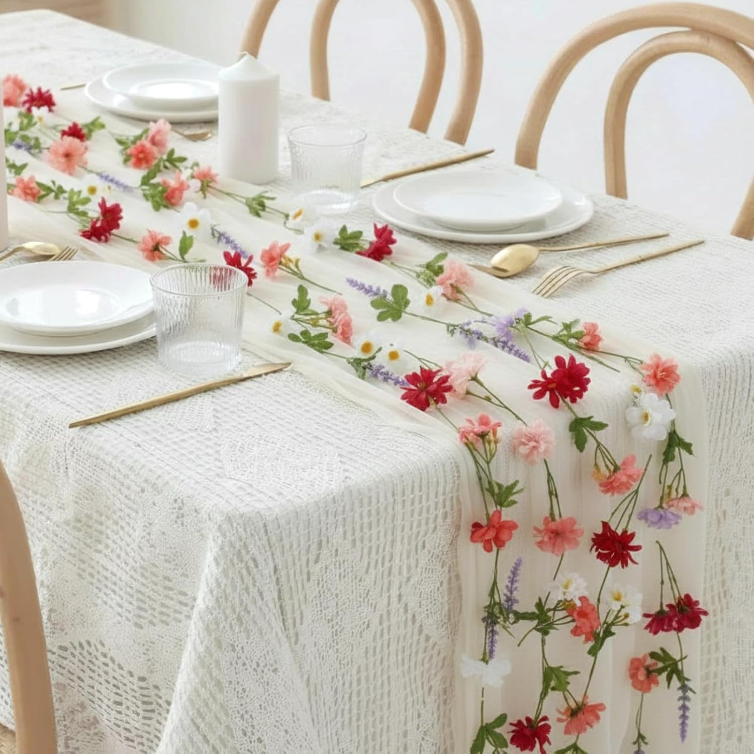 3 Pcs 10 Ft Wedding Tulle Table Runner with 6 Pcs 35.4 Inch Artificial Wildflower Garlands Wildflower Vines Floral Table Runner Garlands for Wedding Bridal Shower Spring Tea Party