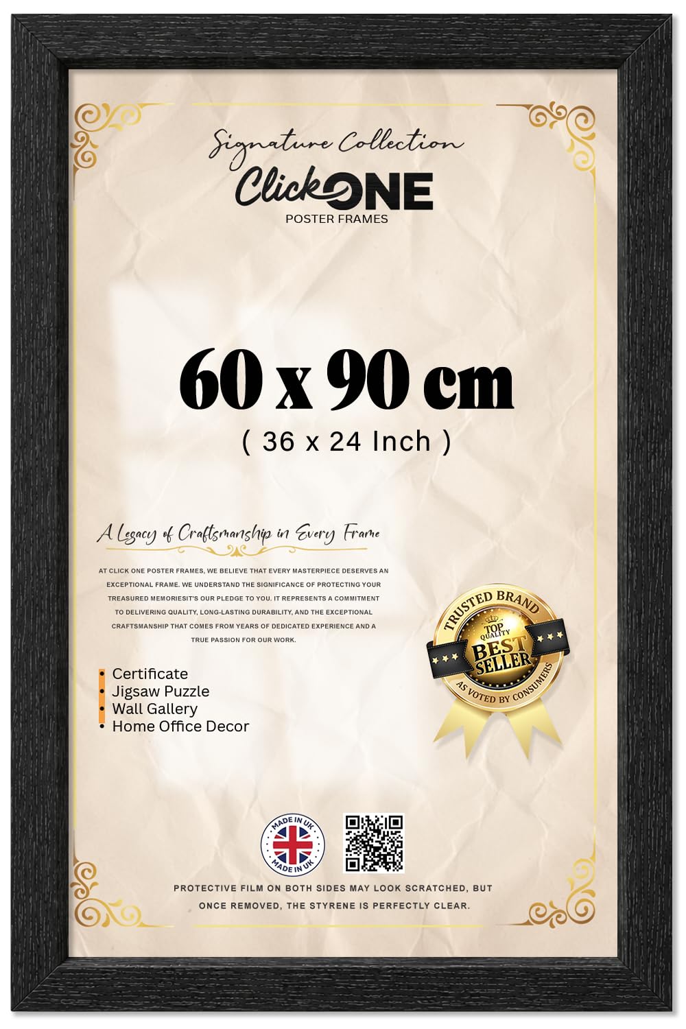 Click One Classic Engineered Wood Poster Picture Frame 60 X 90 Cm 36 X 24 Inch Wall Gallery Display For Art And Room Decor Black With Protective Glazing And Easy Wall Hanging System