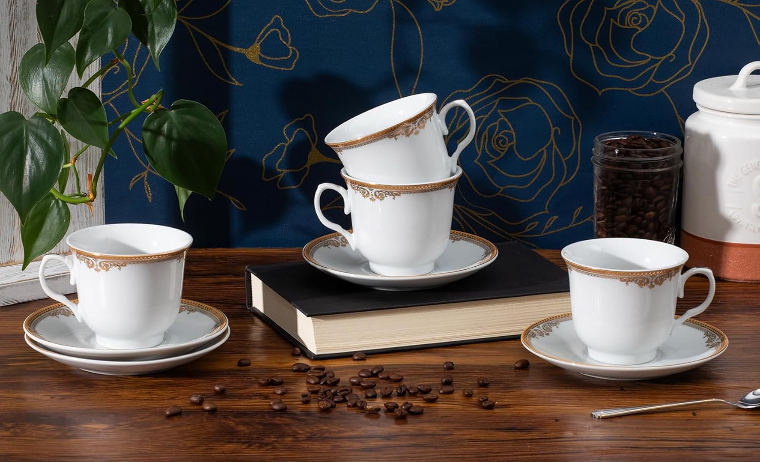 Gorgeous Porcelain Tea Set - 8 Piece White with Gold Floral Edge Design - 5.5 Inch Saucers, 6.5 oz Cups - For Parties, Cappuccino, Black Tea, Vintage Kitchen Decor (Floral Gold 3008, 8 Piece)