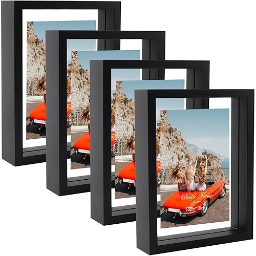 Trwcrt 5x7 Picture Frame Set of 4, Double Glass Floating Photo Frames Display up to 7 x 9 photos for Desktop or Wall Hanging, Black